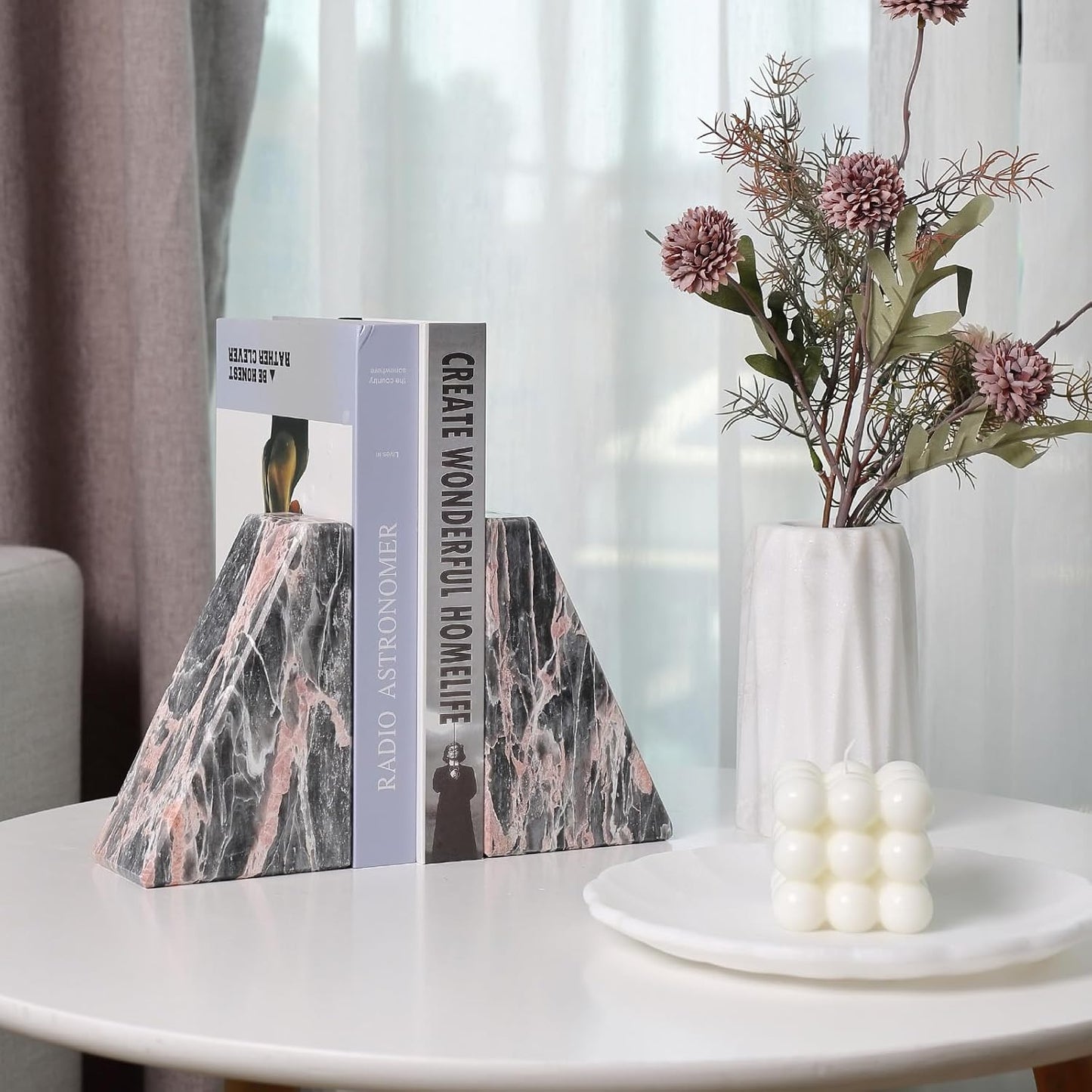 Marble Bookends / Large Bookends for Heavy Books / Grey&pink