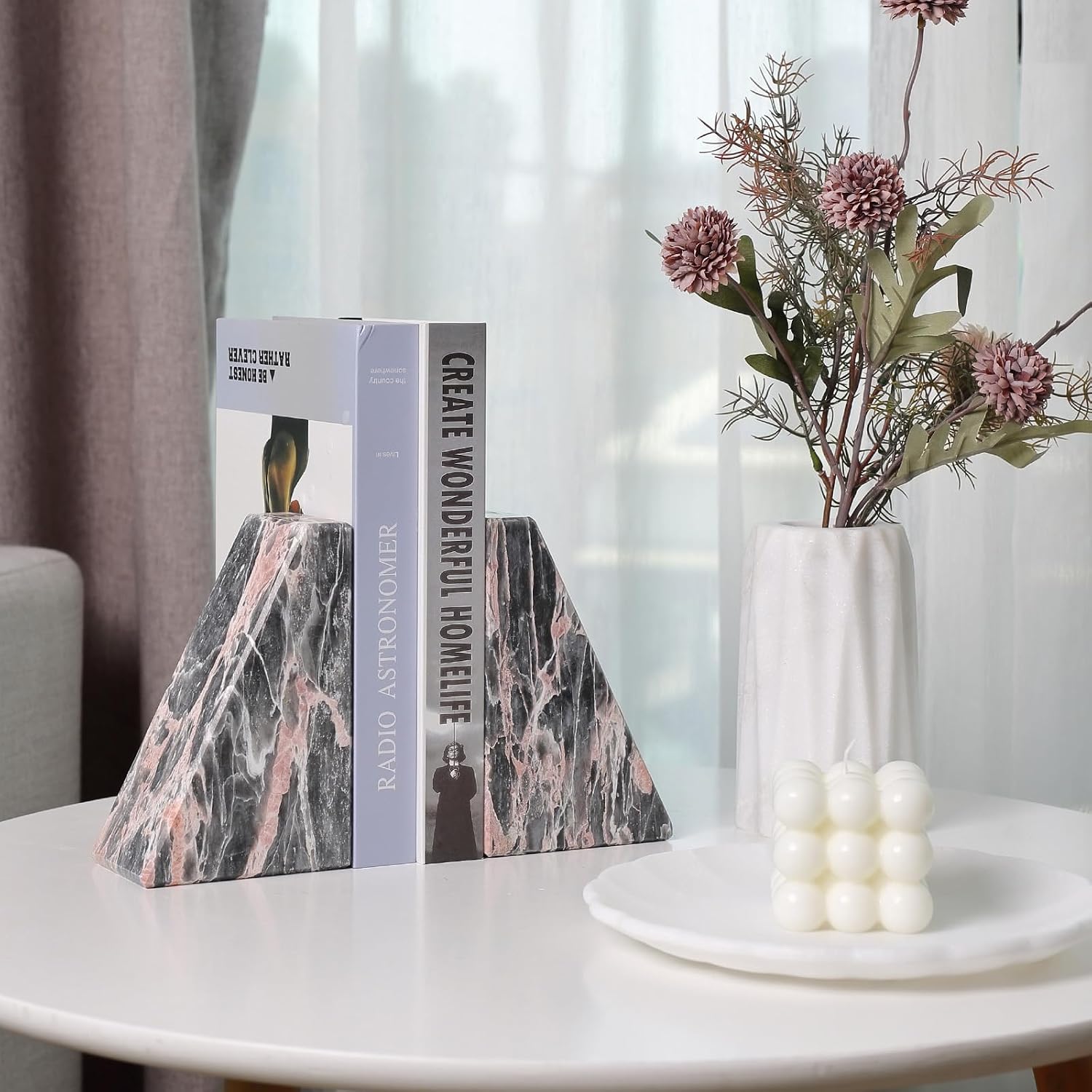 Marble Bookends / Large Bookends for Heavy Books / Grey&pink