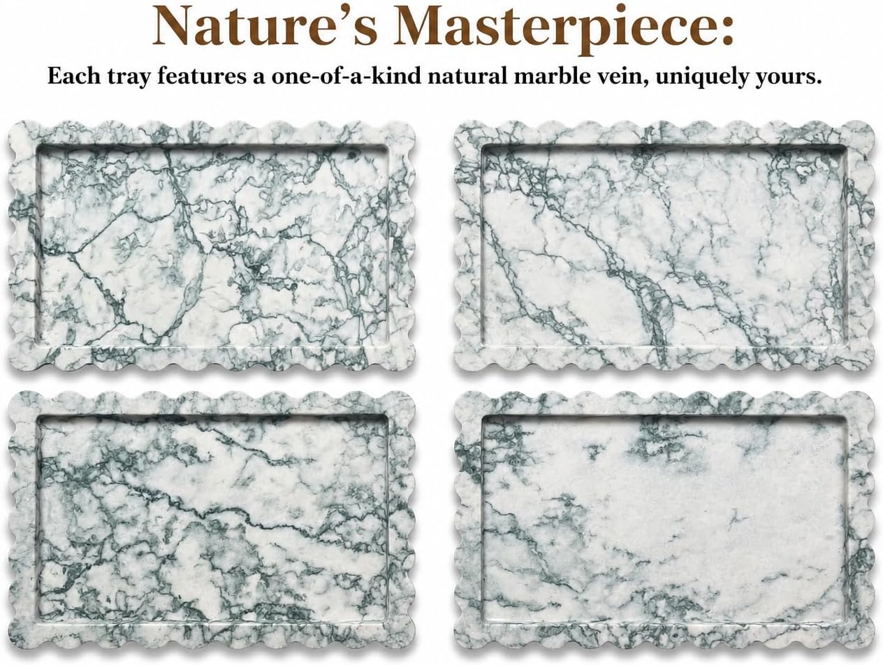 Large Genuine Scalloped Marble Tray / Cyan Green / 14 x 10