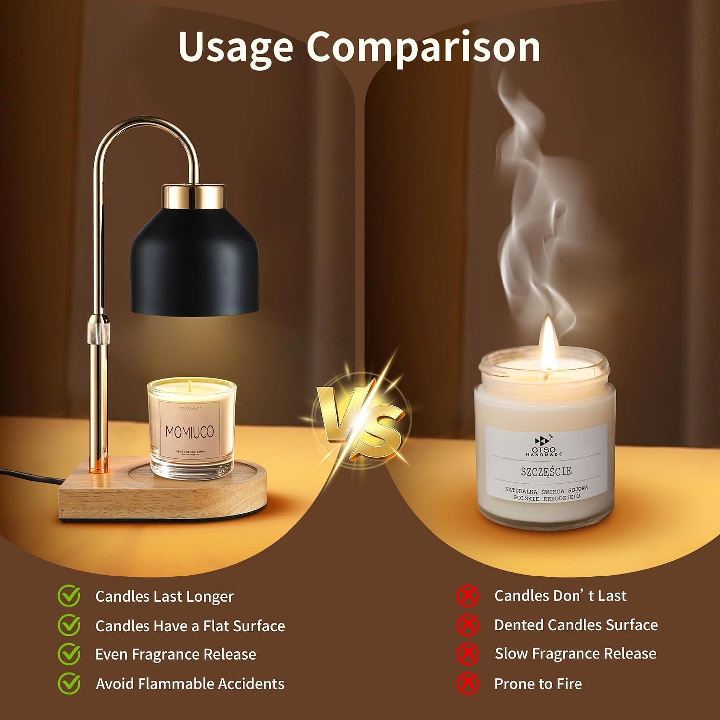 Candle Warmer Lamp with Timer, Height Adjustable Wax Melt Warmer | Modern retro black glass shade, wood base, aesthetic