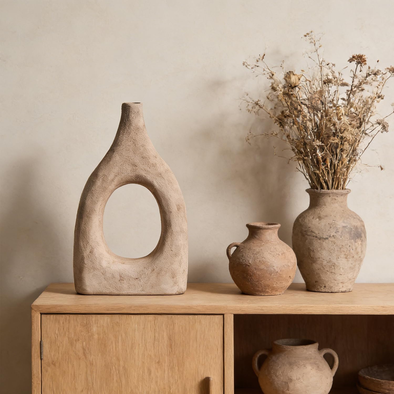 Large Boho Ceramic Floor Vase / Beige Medium
