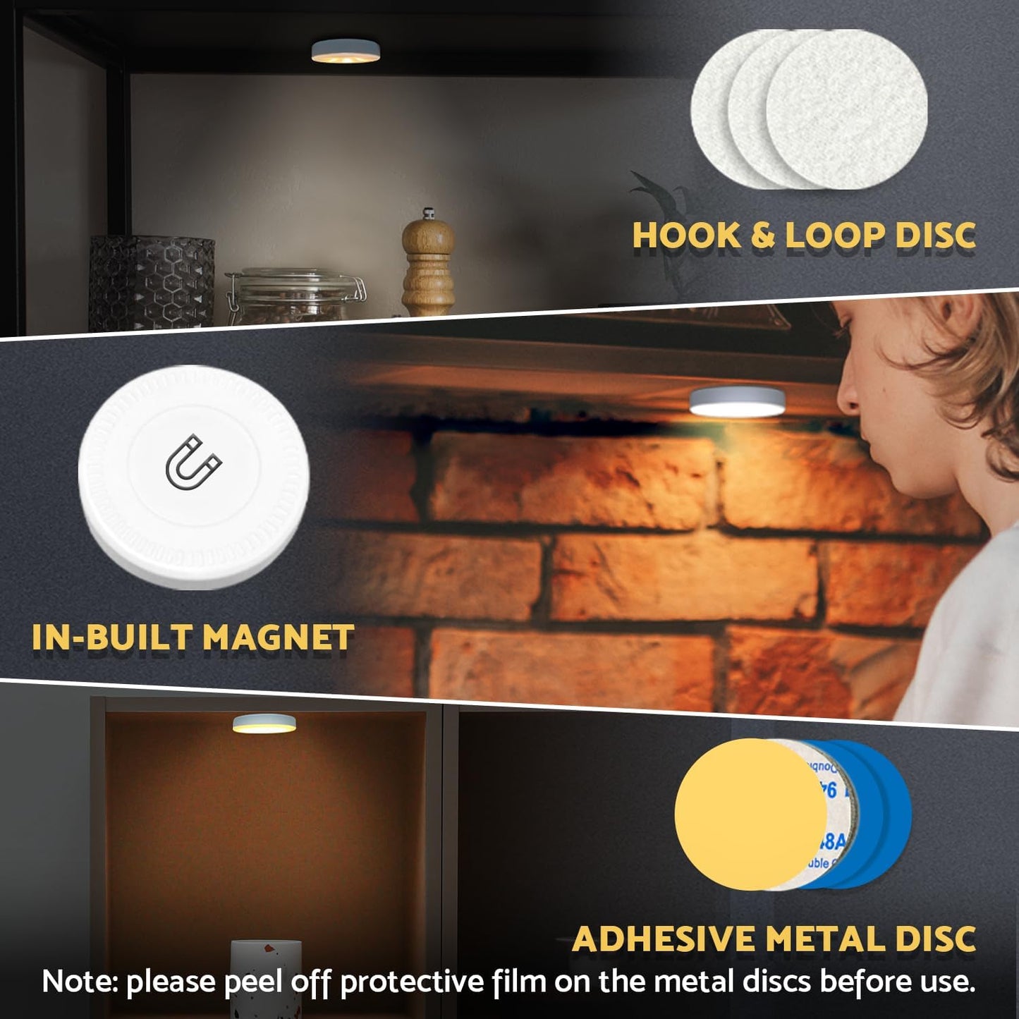 DAZZY DOT Rechargeable Puck Lights 2-Pack, Magnetic Tap Light, Warm Yellow | Dimmable touch control, magnetic &