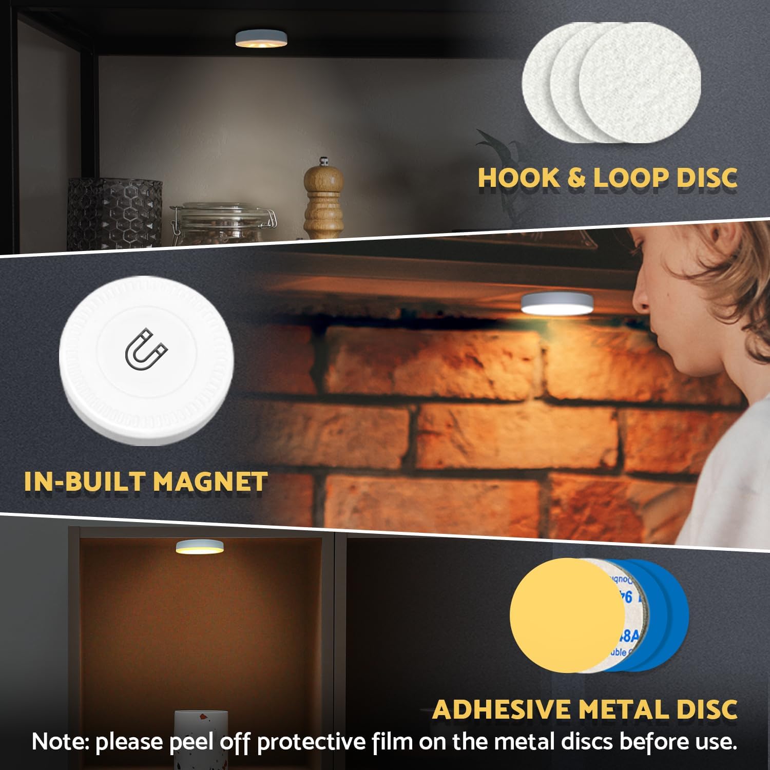 DAZZY DOT Rechargeable Puck Lights 2-Pack, Magnetic Tap Light, Warm Yellow | Dimmable touch control, magnetic &