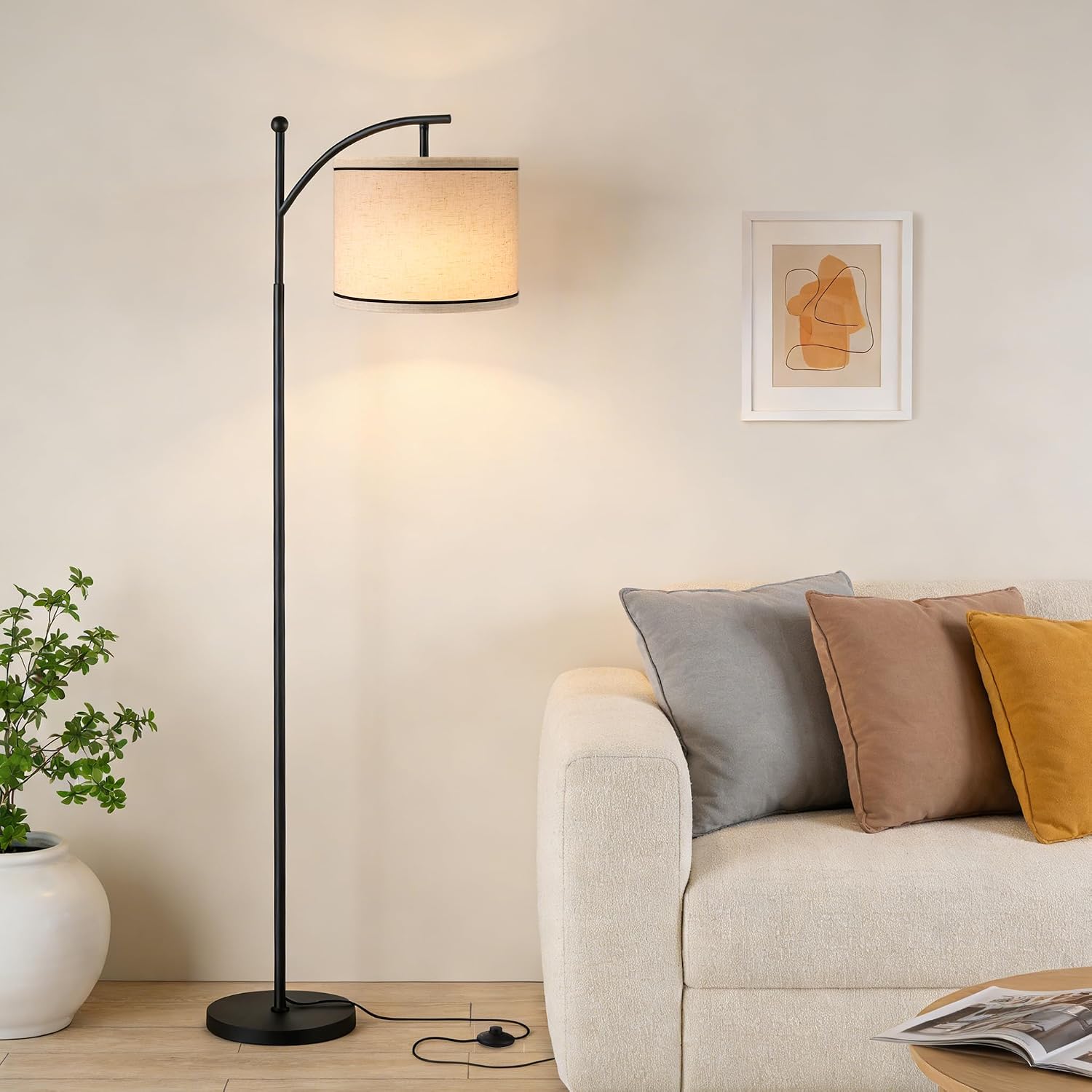 Ambimall 60" Floor Lamp for Living Room with 3 Color Temperatures, Beige Lampshade with Black Stripes, Tall Lamp for