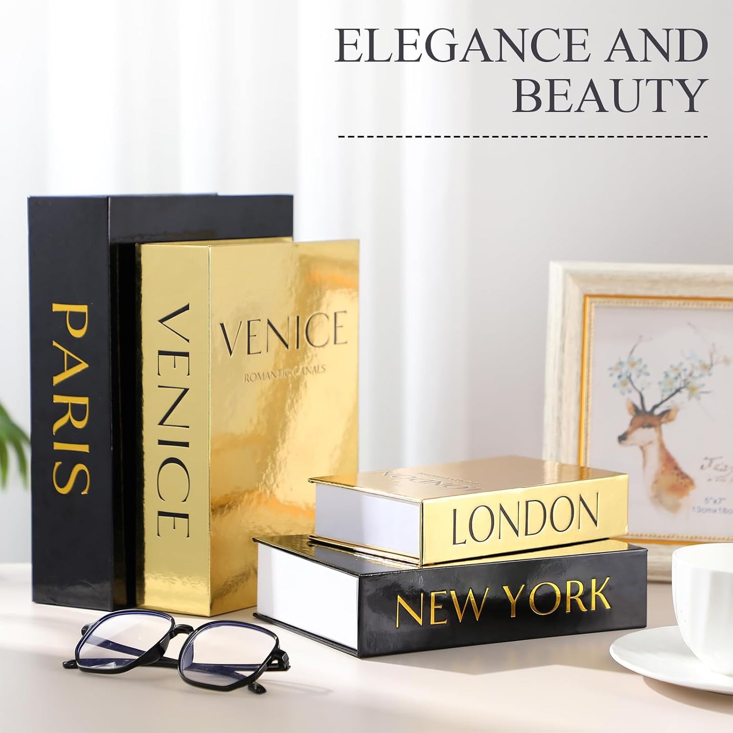 Decorative Books Boxes Faux Books Stacked / Black and Gold / Modern / Set of 4