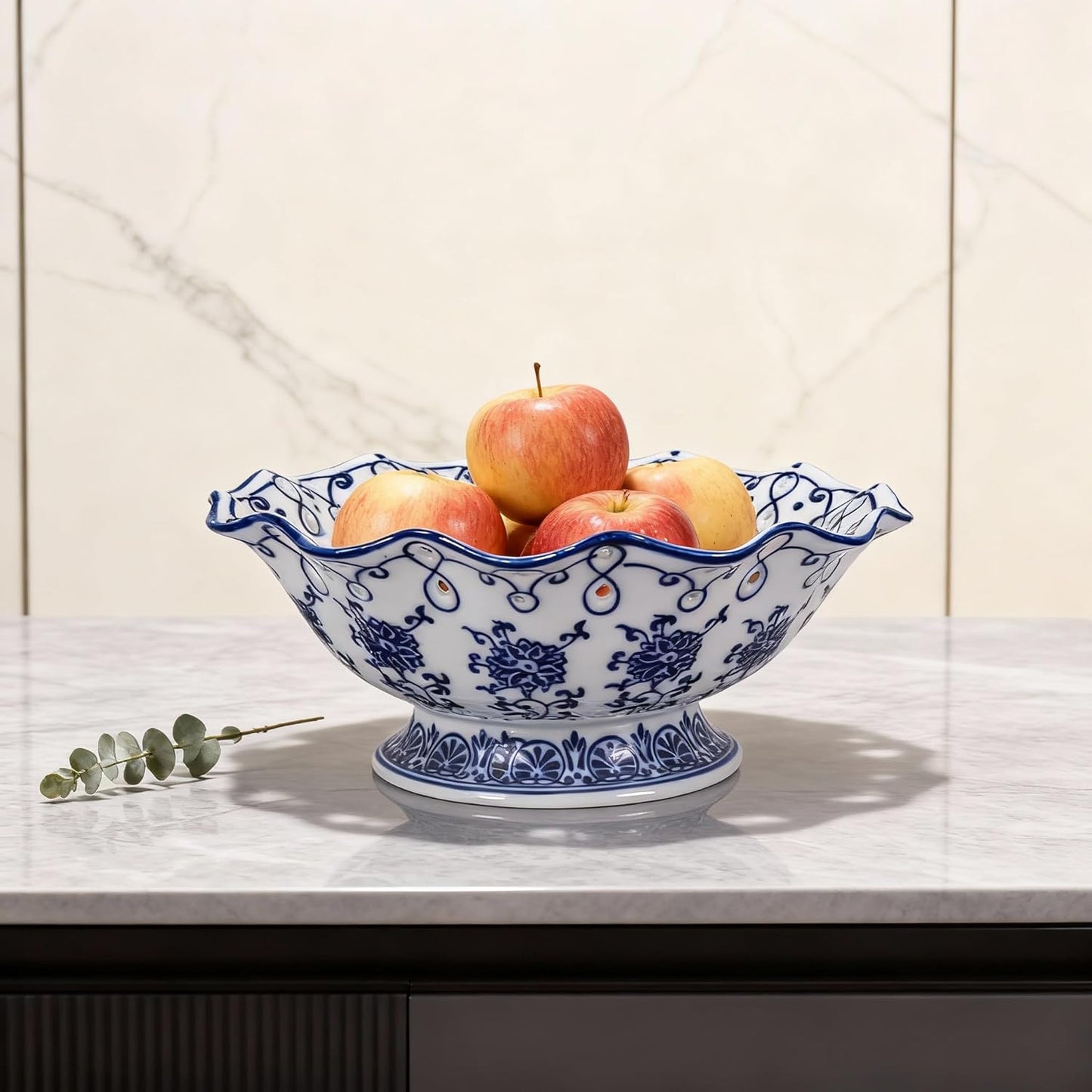 9.5" Large Ceramic Fruit Pedestal Bowl / Medium / Floral / Blue