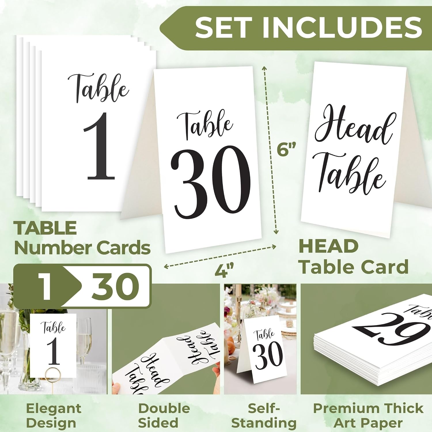 Woodamore Black Wedding Table Numbers 1-30, 31 Pc 4x6 Paper Number Cards | 30 numbered cards plus 1 head table sign