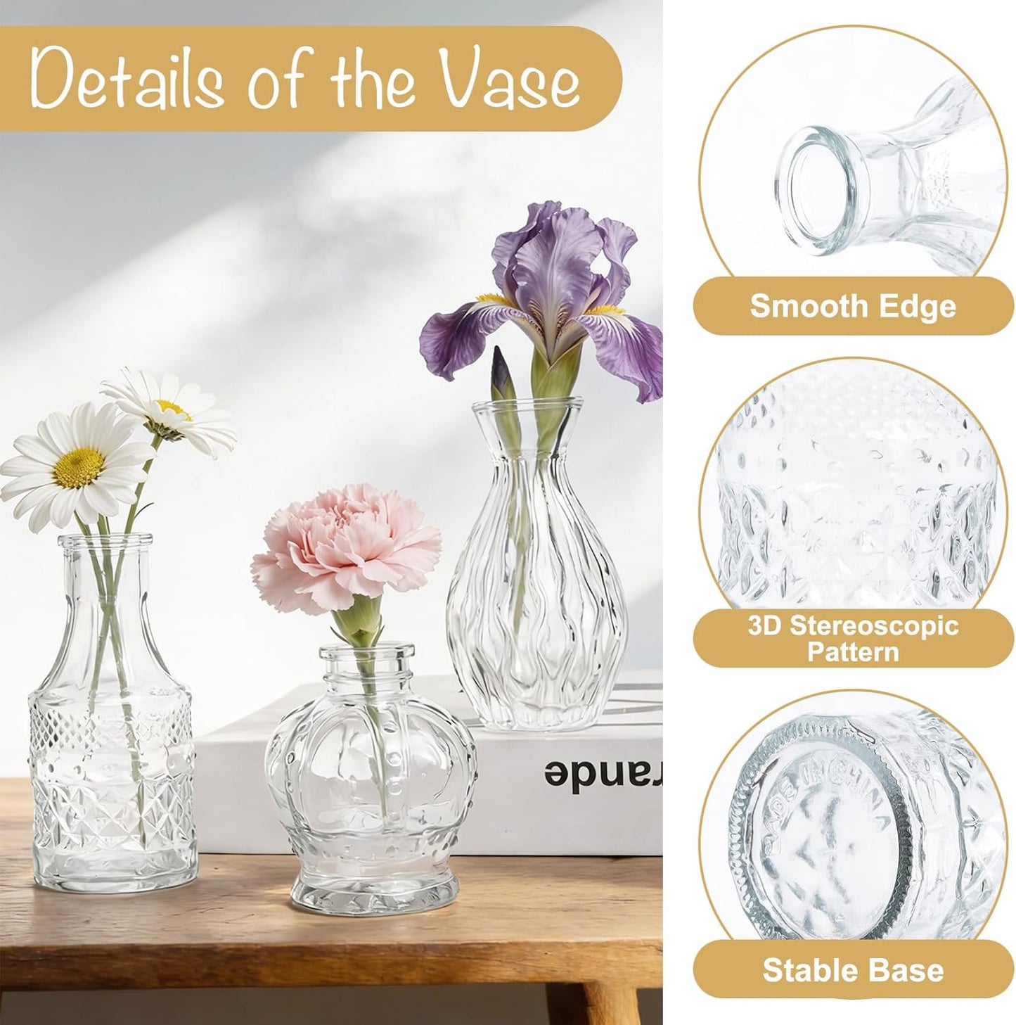 Glass Vase / Petal Petite Small Glass Bud Vase / Clear / Set of 6