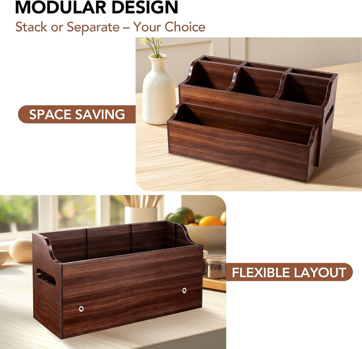 Kitchen Utensil Holder for Countertop, Large Wooden Utensil Organizer | 6 Compartments for Storage Cooking Utensils &
