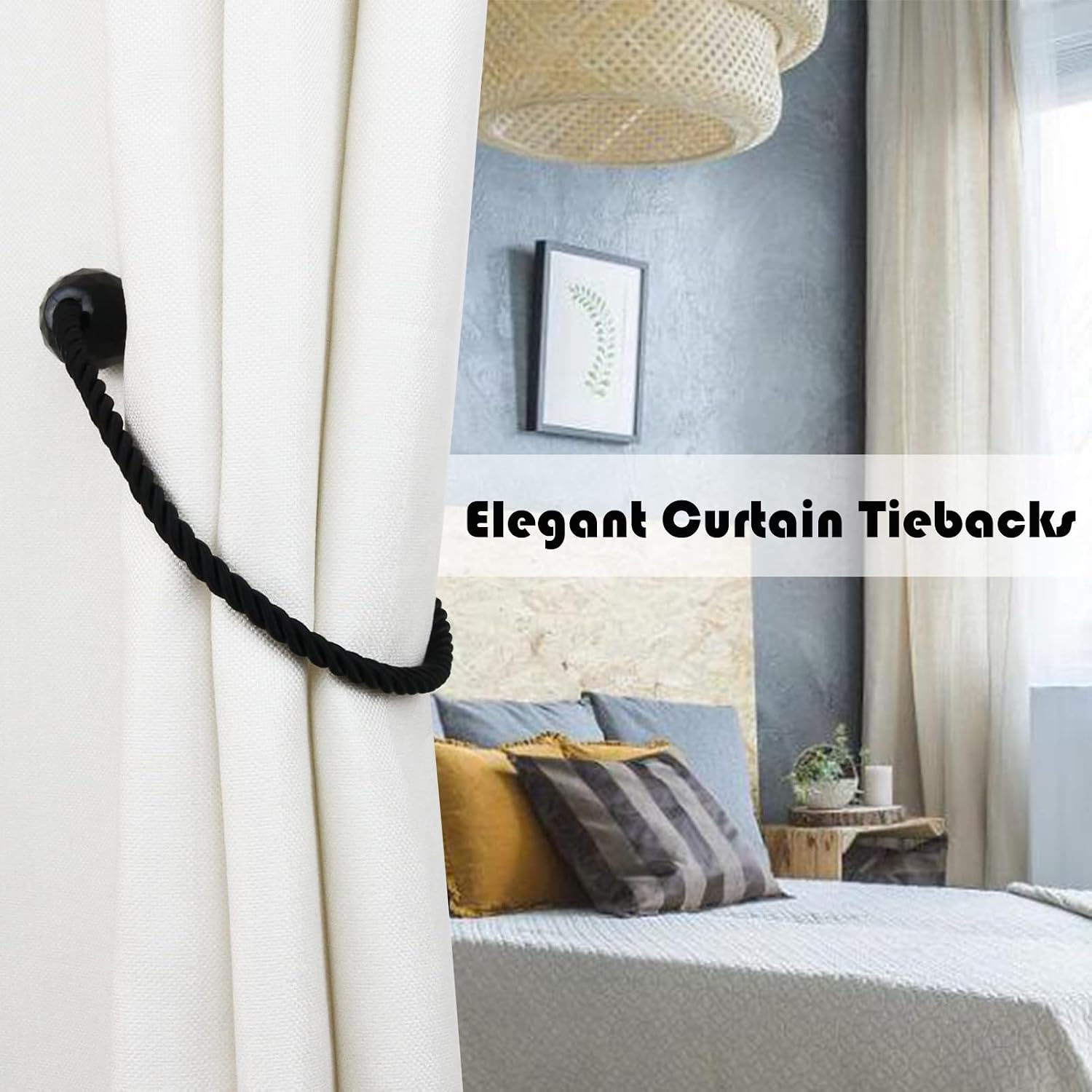Strong Magnetic Curtain Tiebacks Decorative Rope Tie Backs Holdbacks Porlau | 6 Pack Black Outdoor Curtain Rope