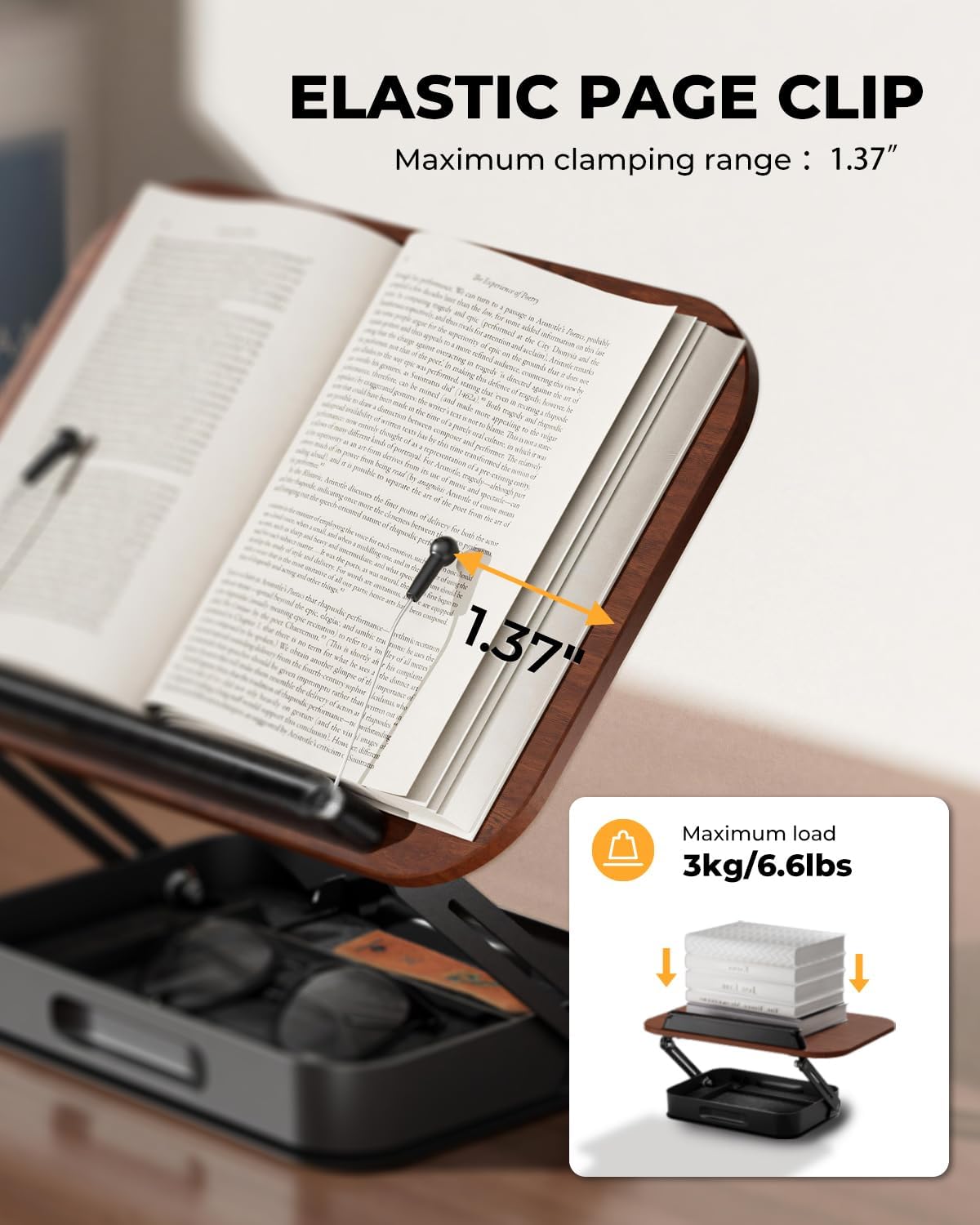 Adjustable Book Stand with Storage Drawer, 360° Rotating Book Holder, Height & Angle Adjustable, Extra-Wide Page Clips