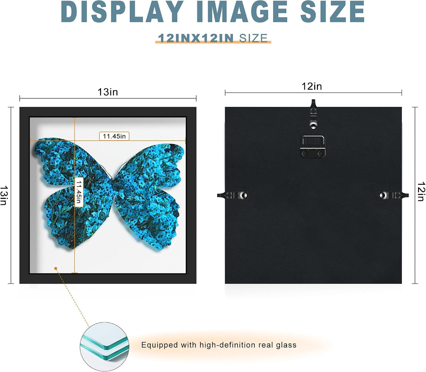 12x12 Black Wooden Shadow Box Frame, 1.2" Deep, Tempered Glass | Black Backboard, Tabletop & Vertical/Horizontal Wall