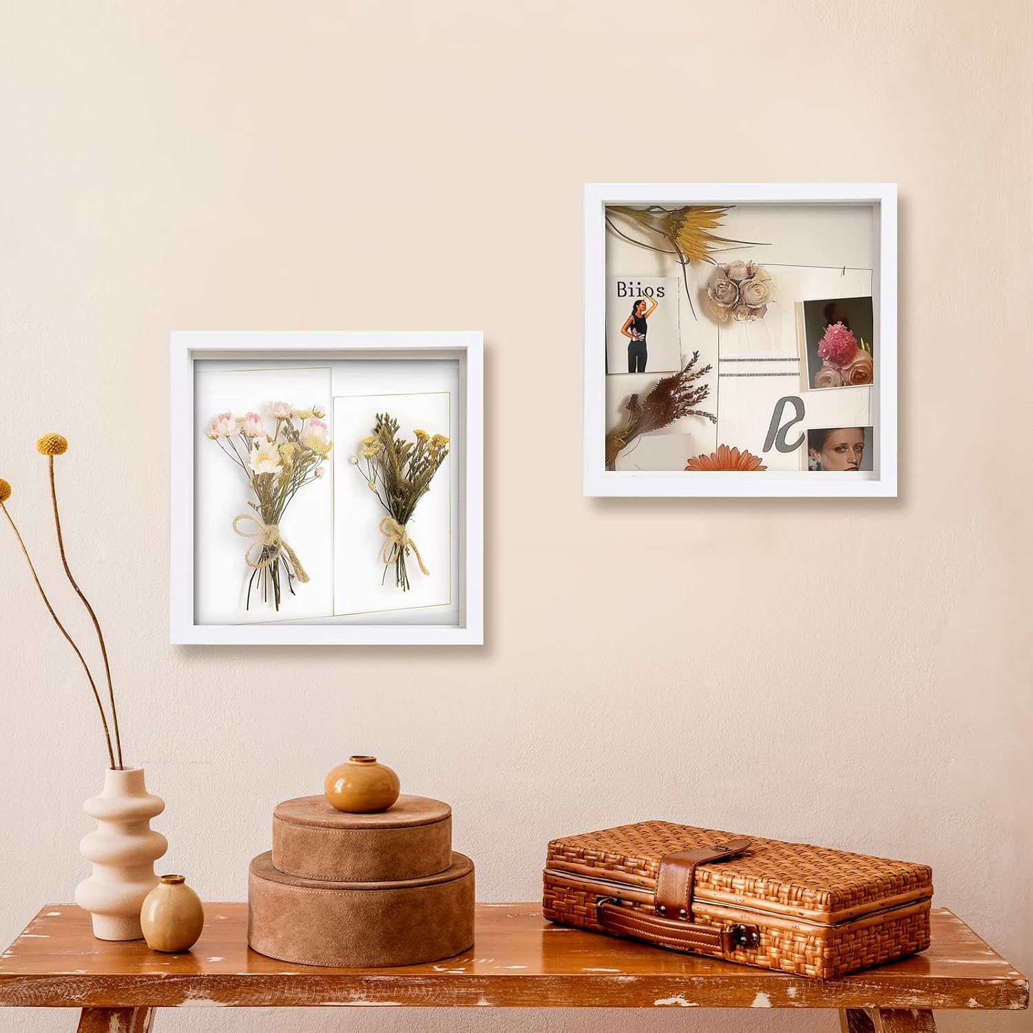 QDSSDECO 12" x 12" Shadow Box Display Case, Linen Back, 2 Pack White | Deep interior, real glass front, wall or