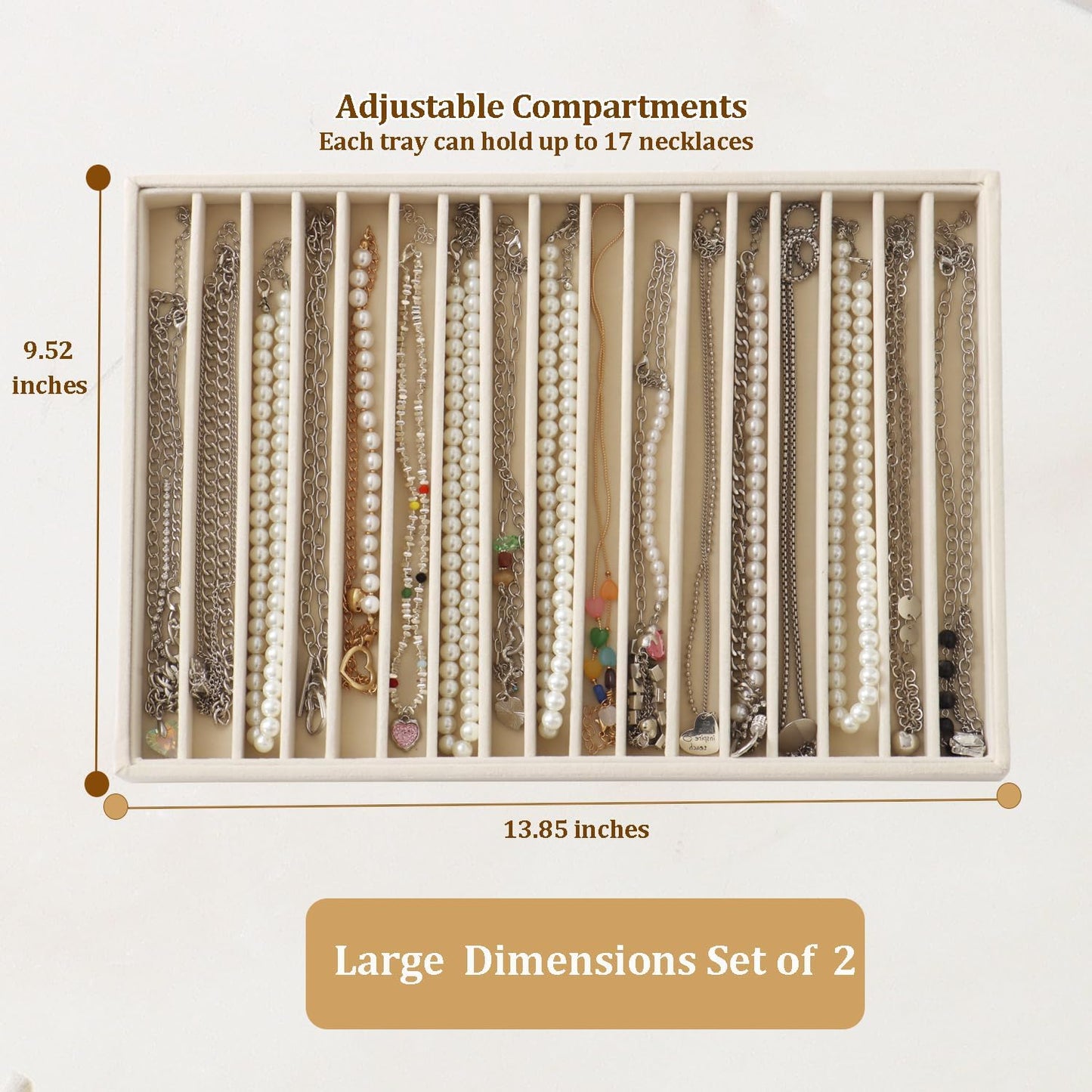 Large Velvet Jewelry Tray Stackable Jewelry Display Drawer Inserts / Beige / 16 Grids / Set of 2