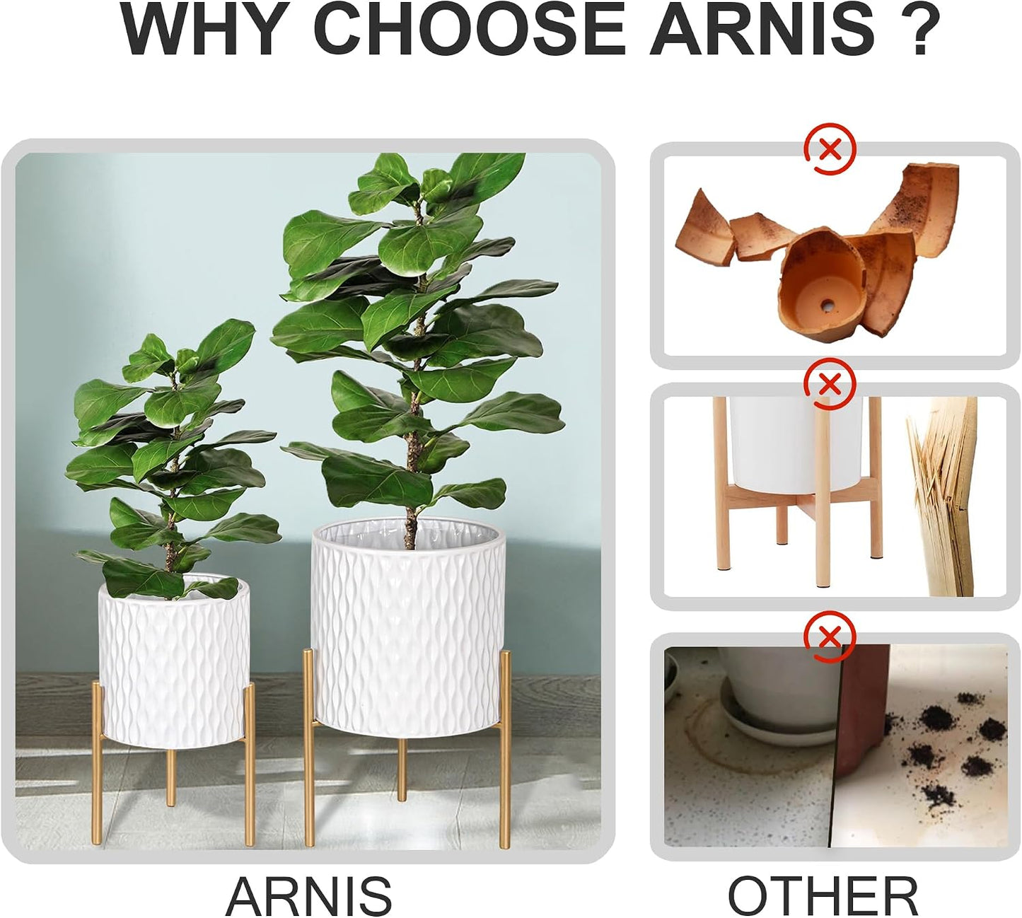 ARNIS Plants Pots with Stand, Set of 2 P lanters, Unique Mid Century Decorative Metal Flower Pots with Drainage, 8.25 &