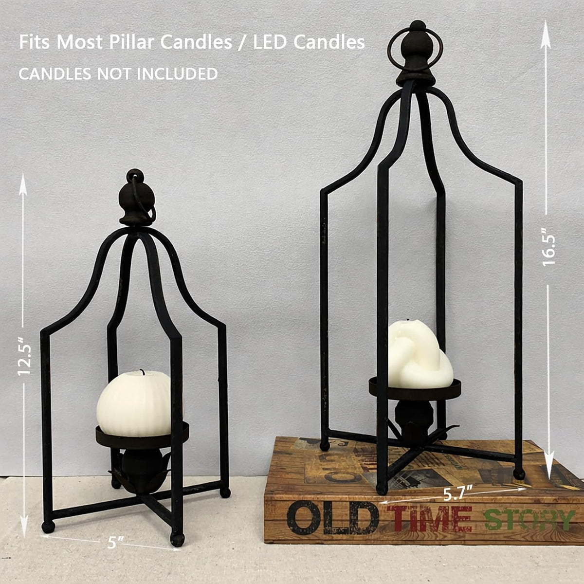 12.5" & 16.5" Timeless Cozy Decorative Lanterns Set of 2, Handcrafted Metal Iron Candle Holders, Farmhouse Elegance