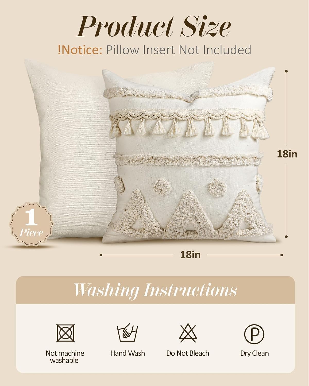 Tufted Boho Decorative Pillow Cover / Cream Tassel / 18 x 18