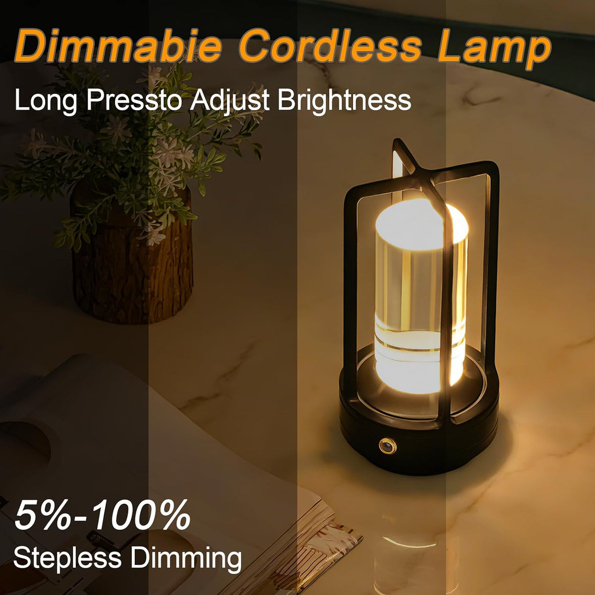Cordless Table Lamp Rechargeable, Battery Operated Crystal Lamp | Stepless Dimming Touch Control, 3 Color LED Bedside