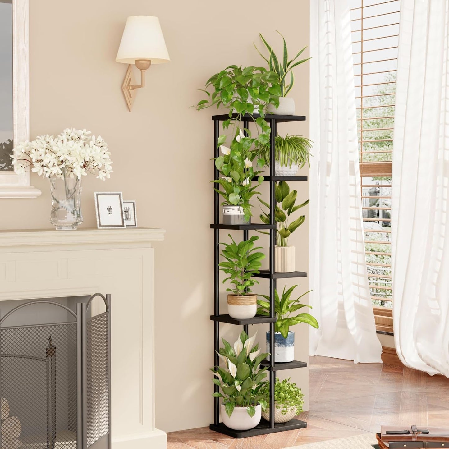 Bamworld Plant Stand 7 Tier Tall Corner Metal Shelf Black | Tiered shelf holds multiple plants while using vertical