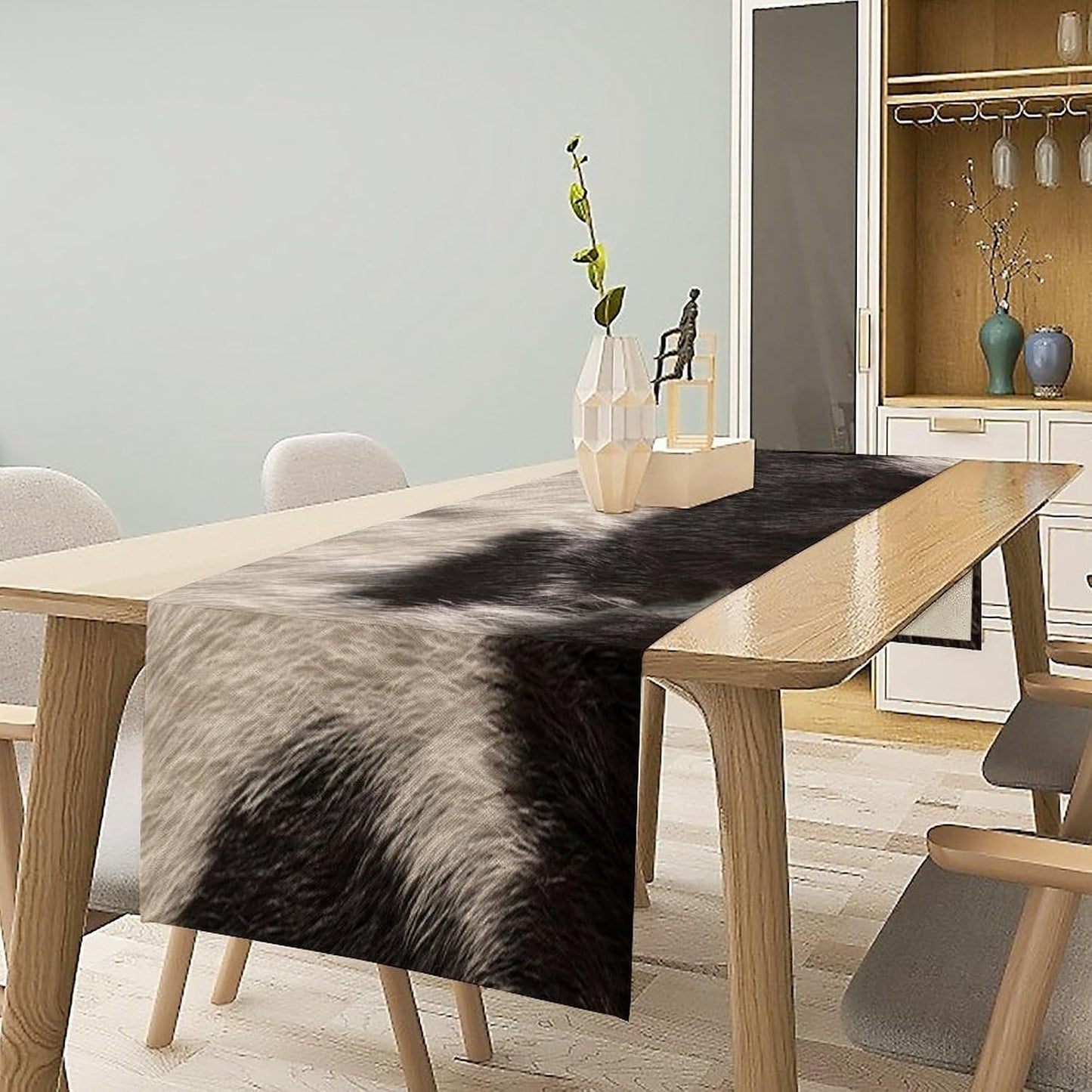 Cowhide Table Runner Black and White Milk Cow Western Style 3D Cow Fur Skin Texture Table Runner for Living Room