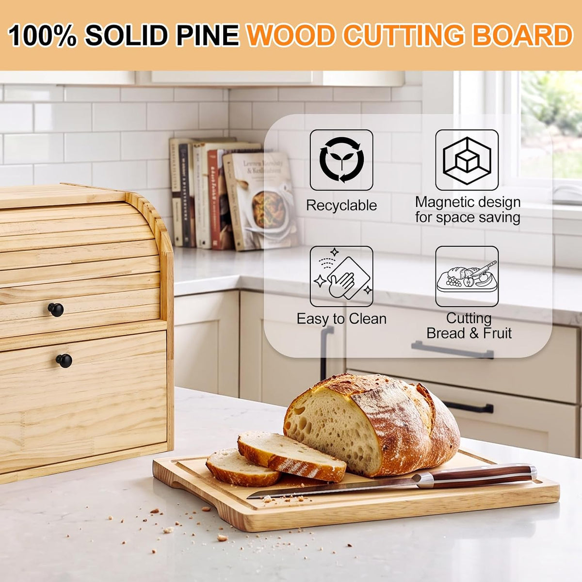 Alpeir Roll Top Bread Box with Cutting Board for Kitchen Countertop | Large Breadbox with Ventilation Holes, Double