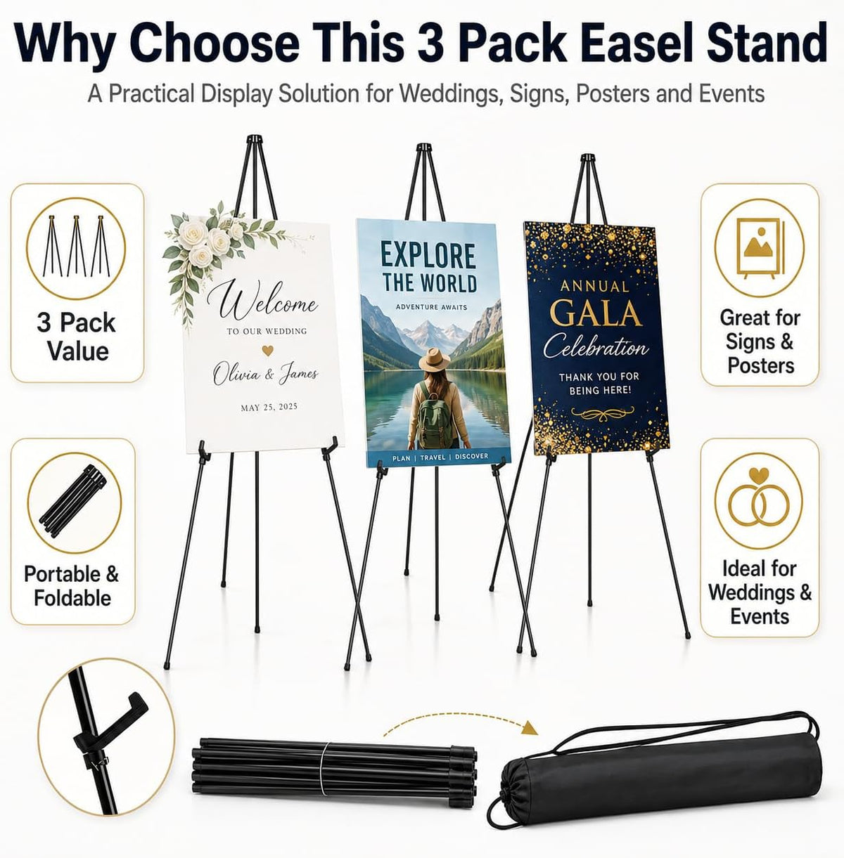 3 Pack Easel Stand for Sign, 63 Inch Portable Display Easel Stand, Black Metal Floor Easel for Wedding Welcome Sign