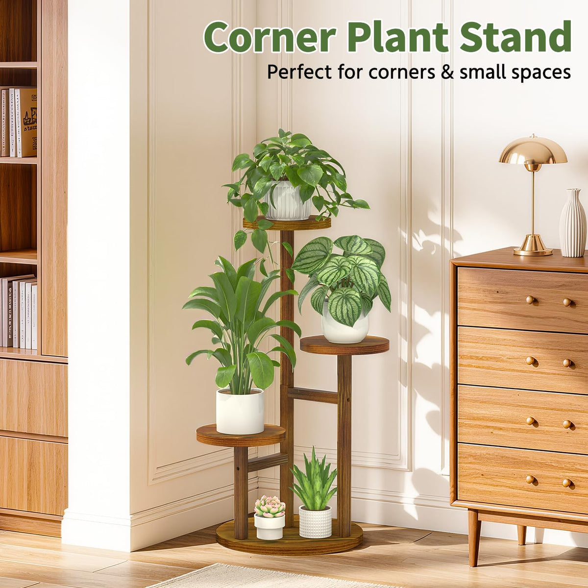 LASZOLA Wood Small Plant Stand Table Tall for Indoor Corner, 3 Tier Brown | Flower Pot Holder Rack for Multiple Plants