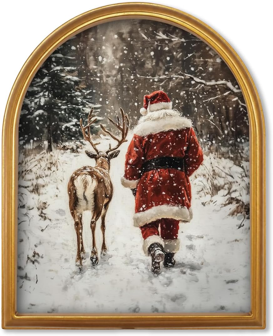 TwoDays Vintage Christmas Santa 11" x 13.8" Gold Arched Framed Wall Art