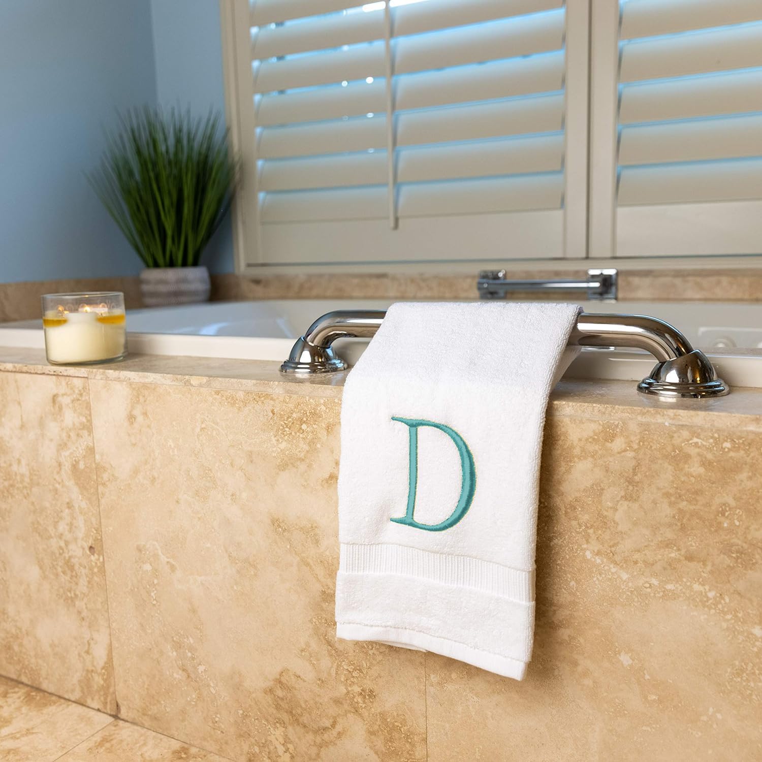 White with Teal Monogrammed Hand Towels for Bathroom - Set of 2 Letter D | Luxury Hotel Quality Initial Towels For