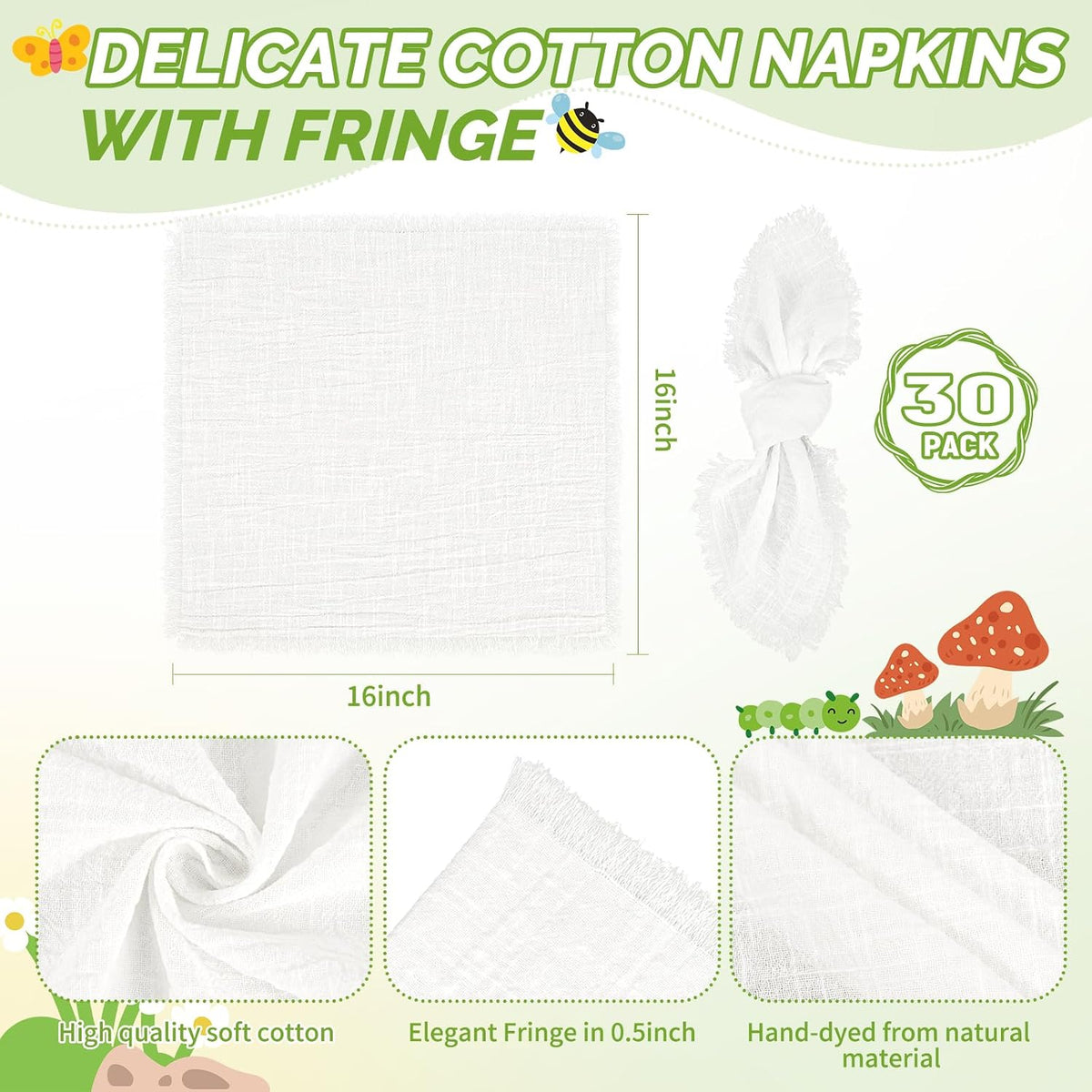 Showgeous 30 Pack White Cloth Napkins with Fringe, 16x16 inch 100% Cotton | White Napkins Handmade Dinner Napkins Bulk