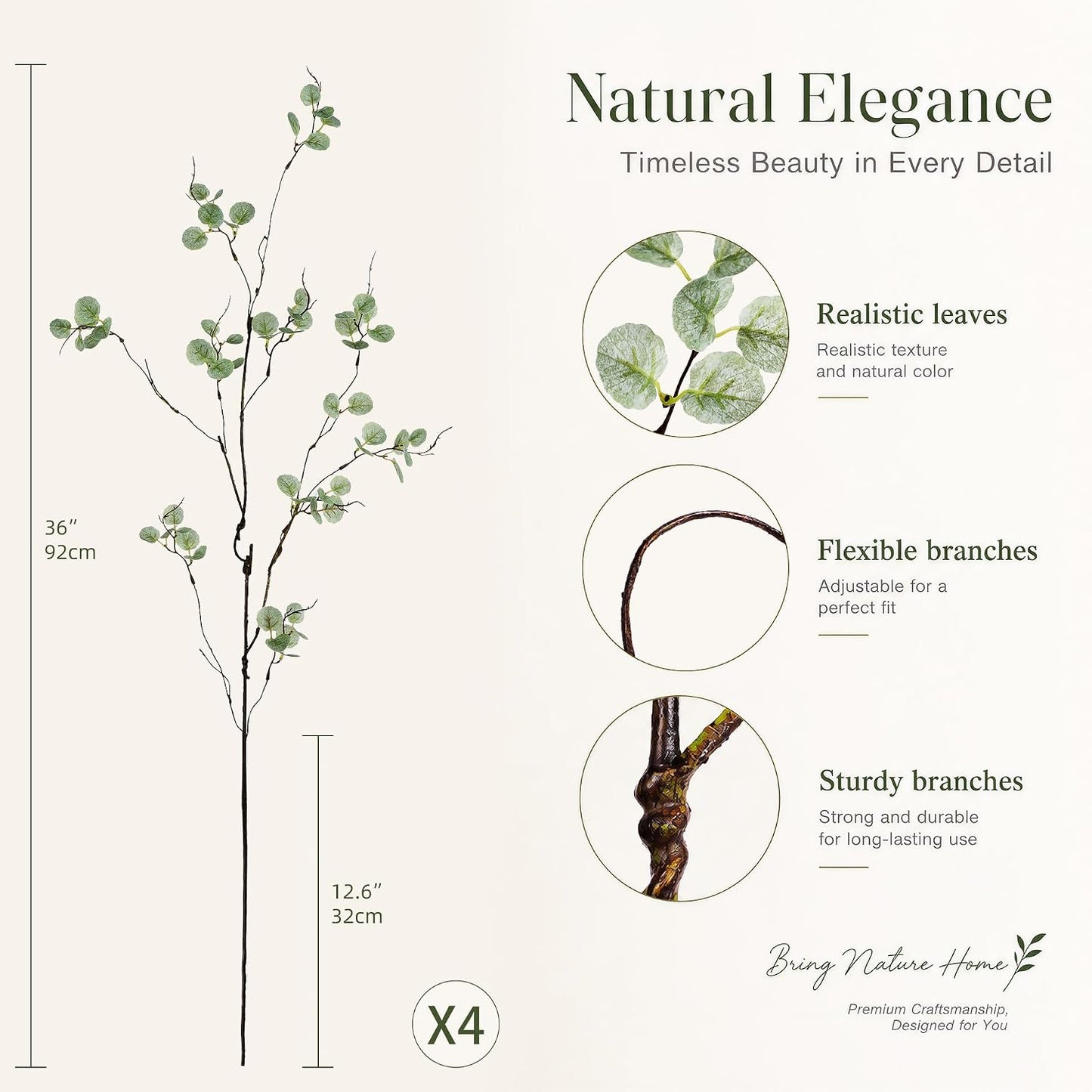 4PC Artificial Plant Branches / Green Eucalyptus / 36 Inch