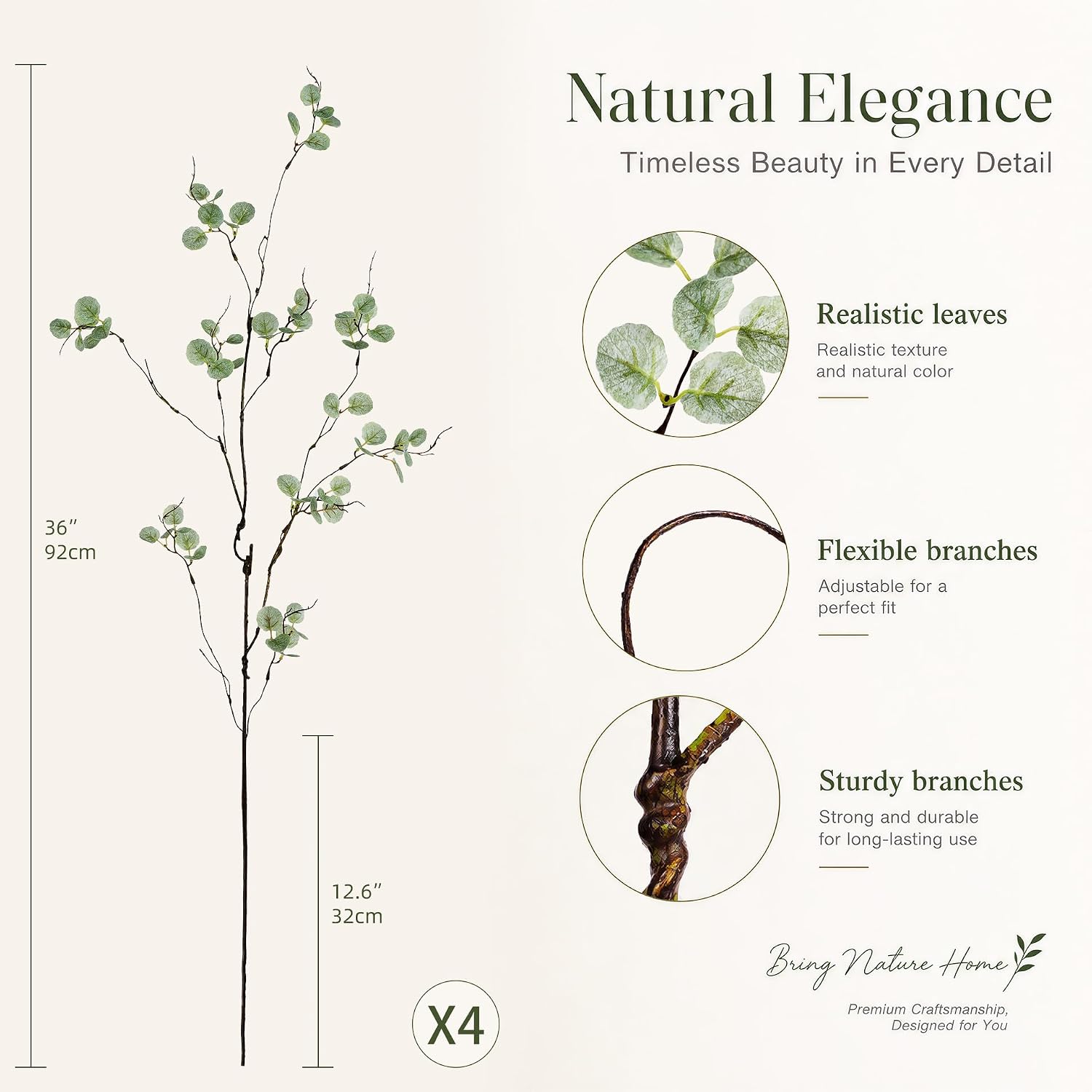 4PC Artificial Plant Branches / Green Eucalyptus / 36 Inch
