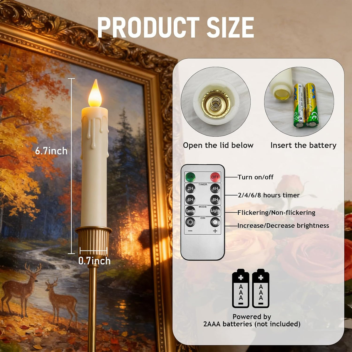 6.7 Inch Flameless Taper Candles with 2 Remotes LED Candlesticks Battery Operated Realistic Flickering Flame, for