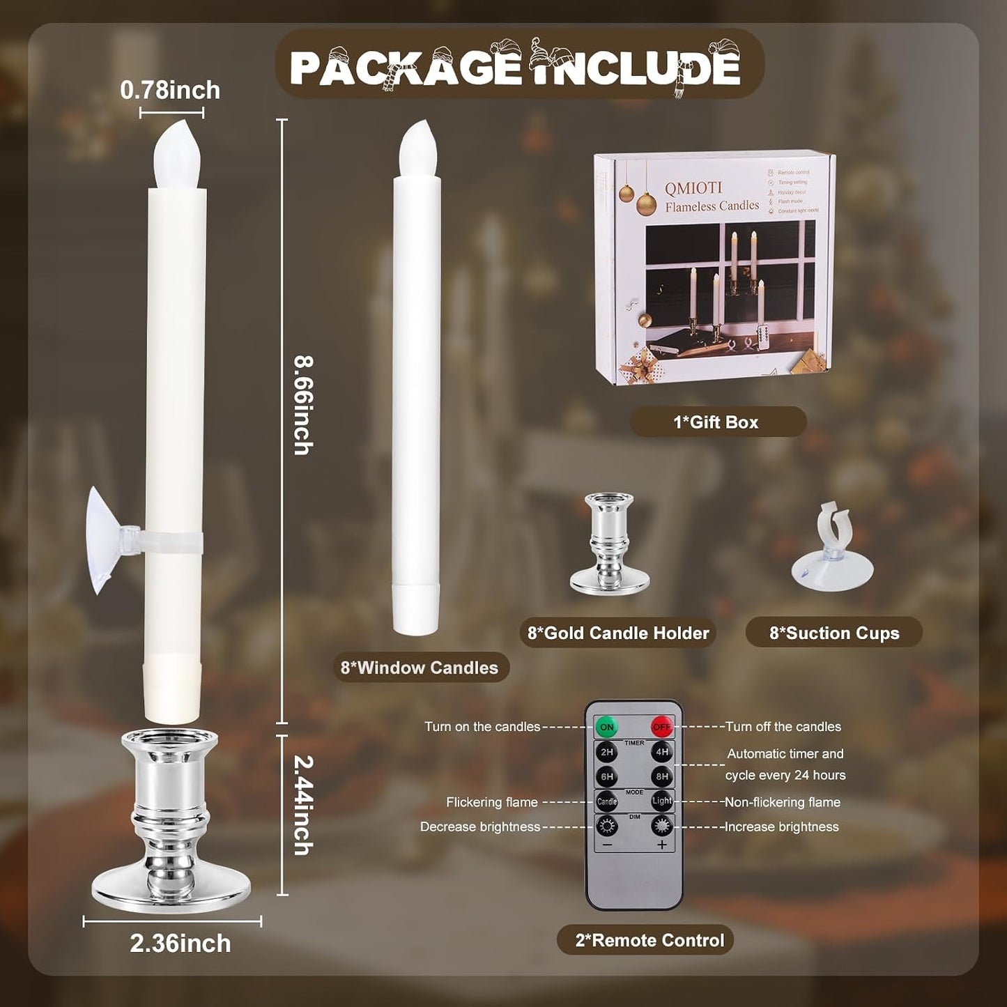 8 Pack Christmas Window Candles, Battery Operated Window Candles with Timer Remote, LED Window Candle with Candle