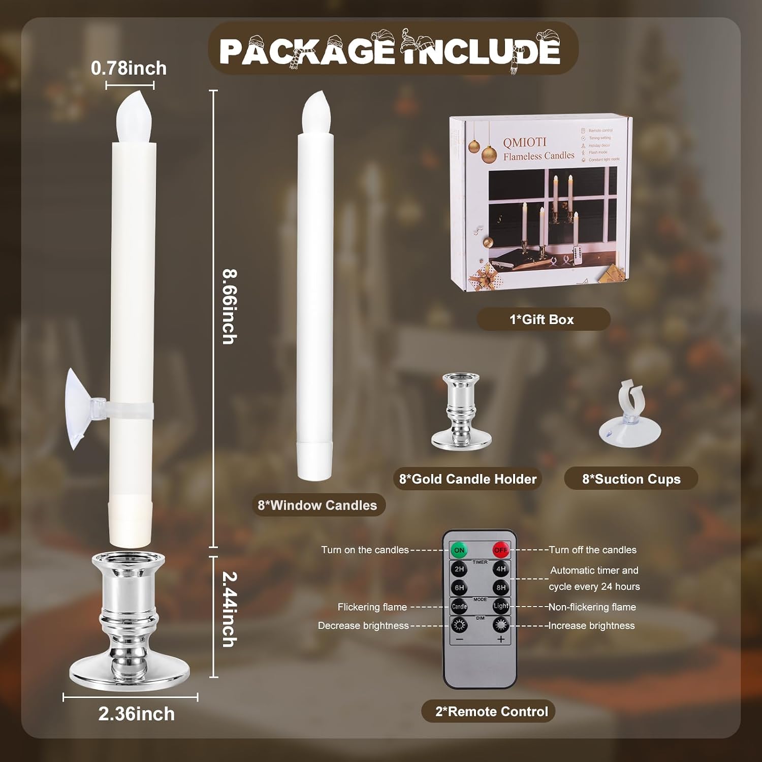 8 Pack Christmas Window Candles, Battery Operated Window Candles with Timer Remote, LED Window Candle with Candle