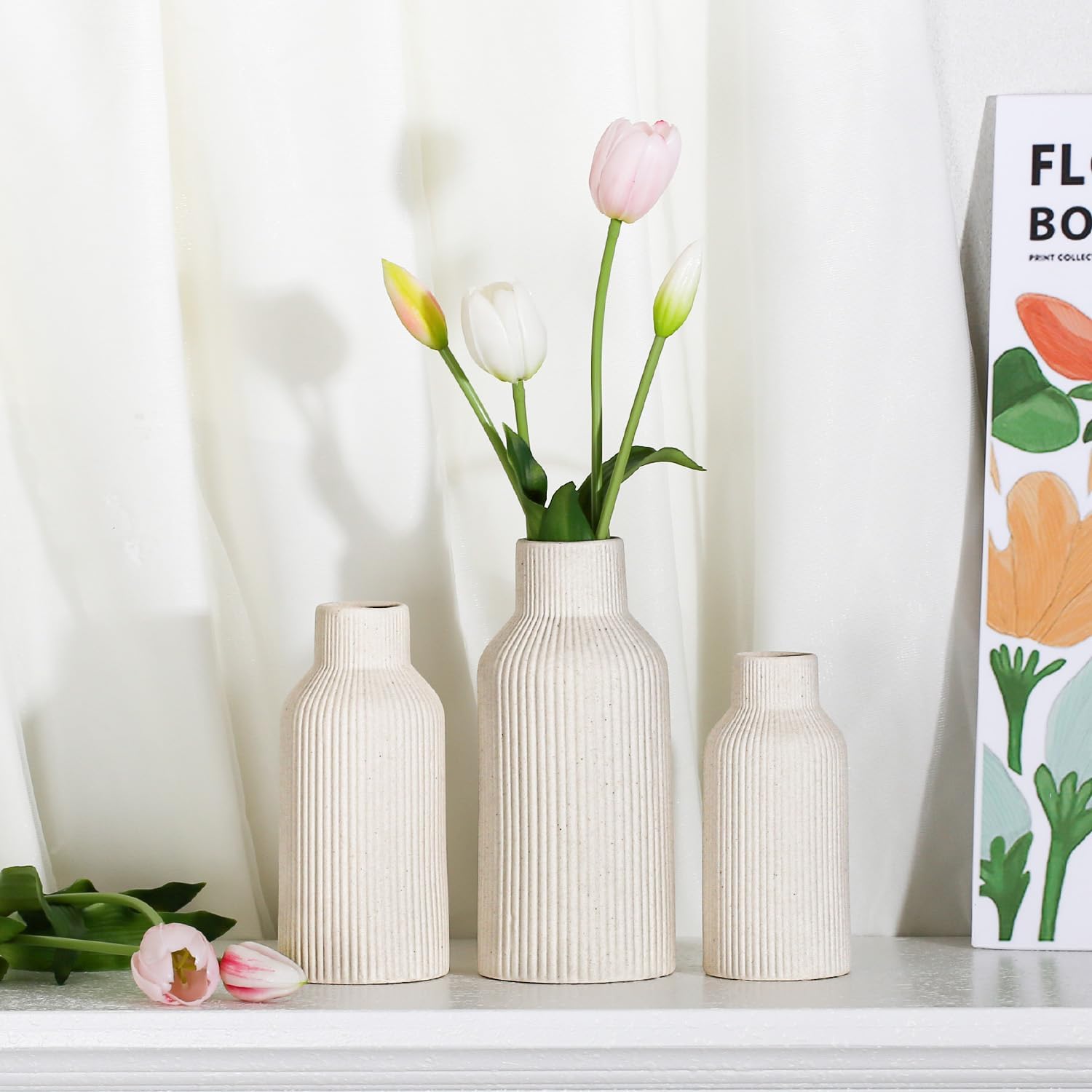 Bohemian Ceramic Vase / Beige / 7in