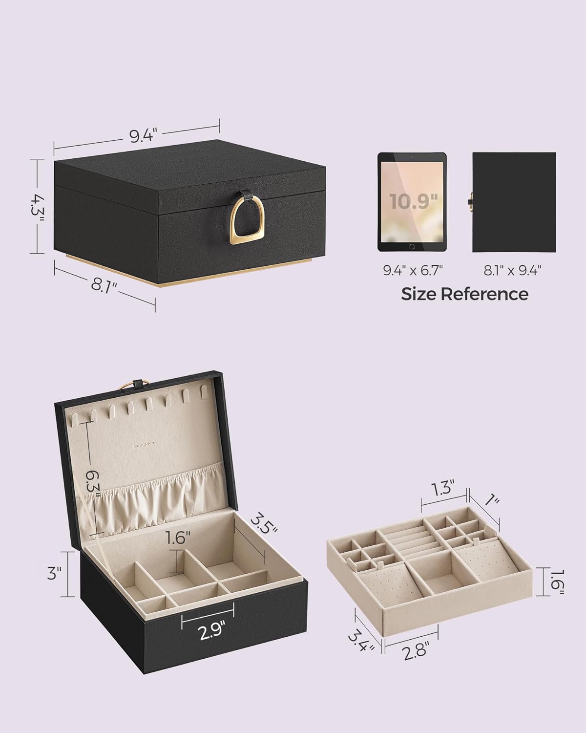 Jewelry Organizer / Removable Jewelry Tray / Black