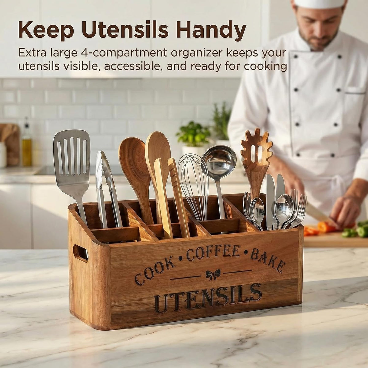 Acacia Wood Utensil Holder, 4 Compartments, Countertop or Wall | Extra-large acacia wood holder with ventilation holes