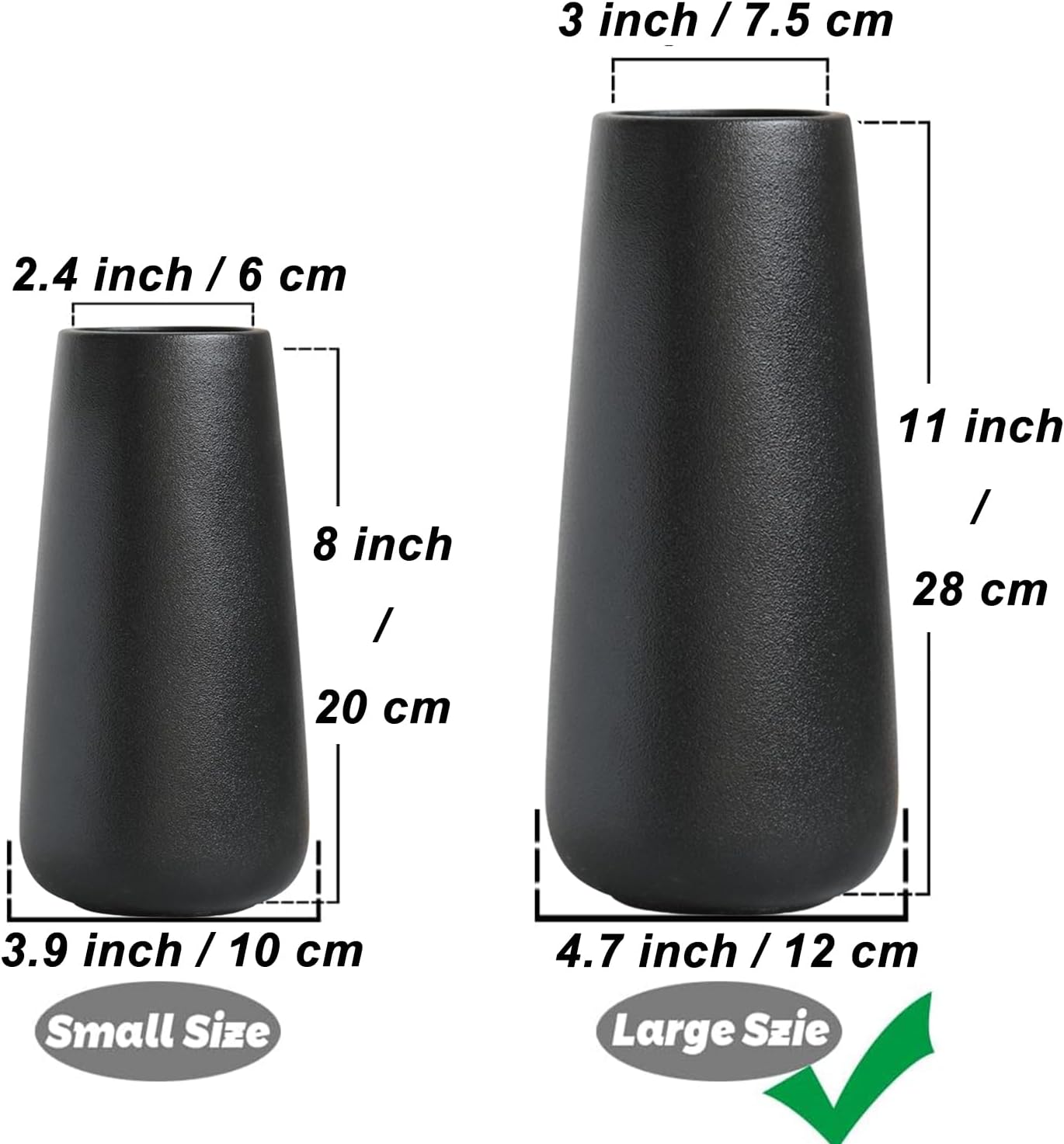Rustic Style Decorative Vases / Tall 11 Inch / 28 Cm / Matt Black / 11 Inch