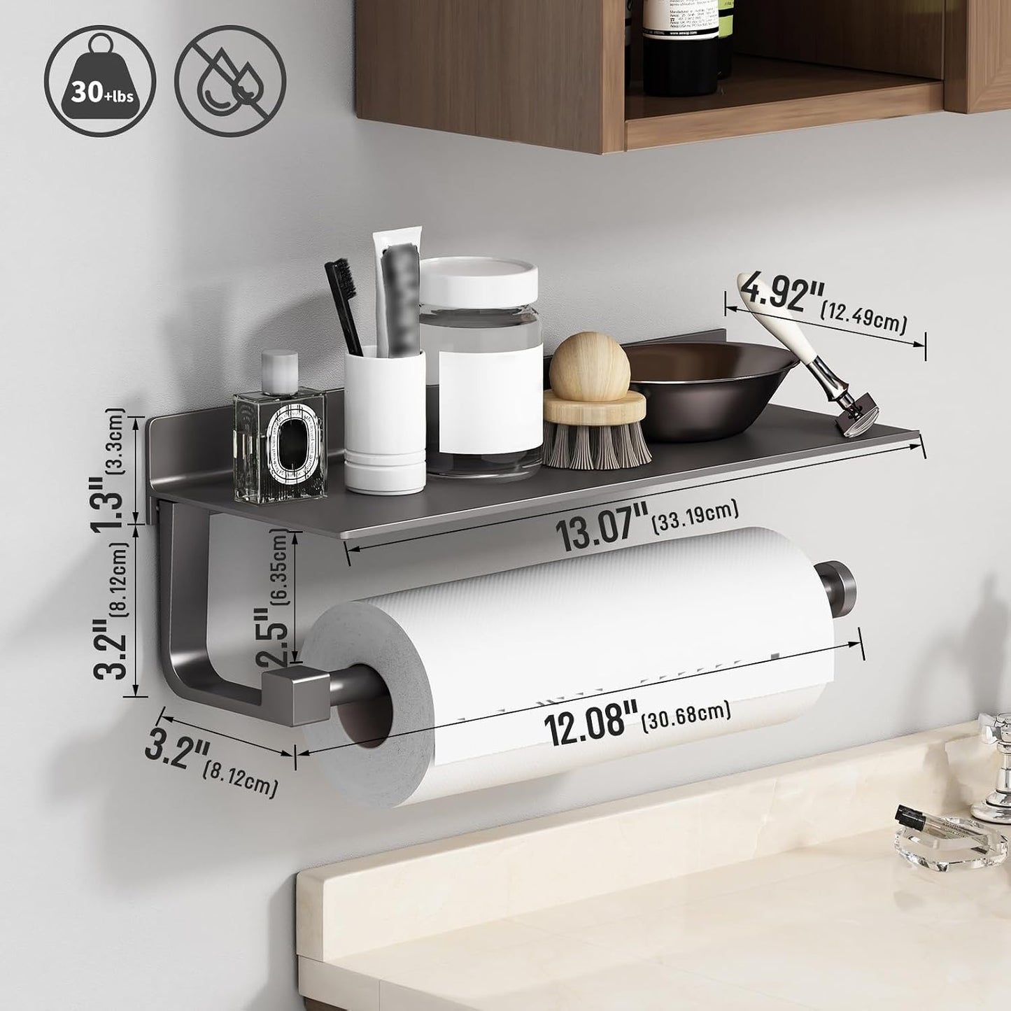 Kitchen Paper Towel Holder with Shelf Wall Mount, Adhesive Hand Towel Holder for Bathroom, Matte Grey