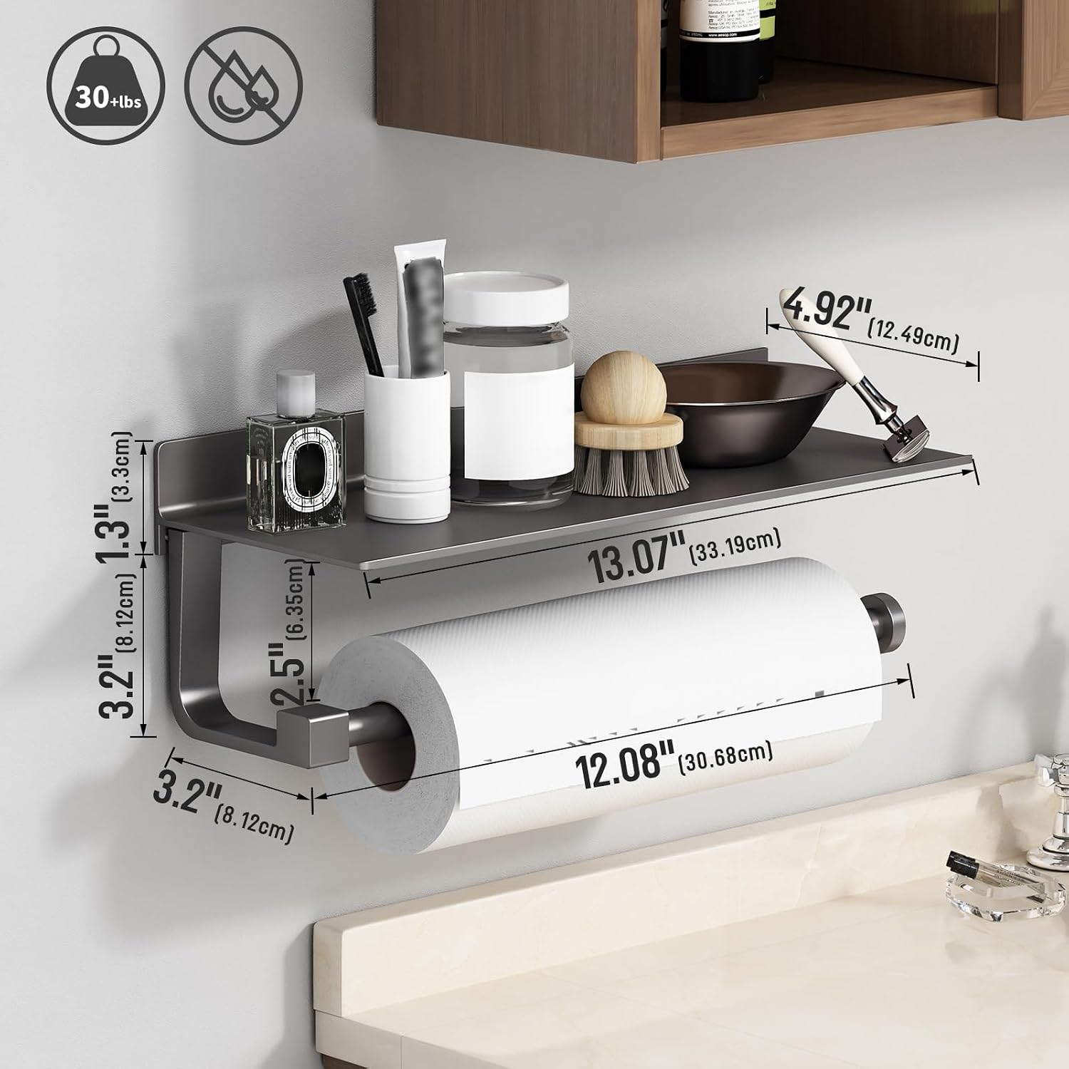 Kitchen Paper Towel Holder with Shelf Wall Mount, Adhesive Hand Towel Holder for Bathroom, Matte Grey