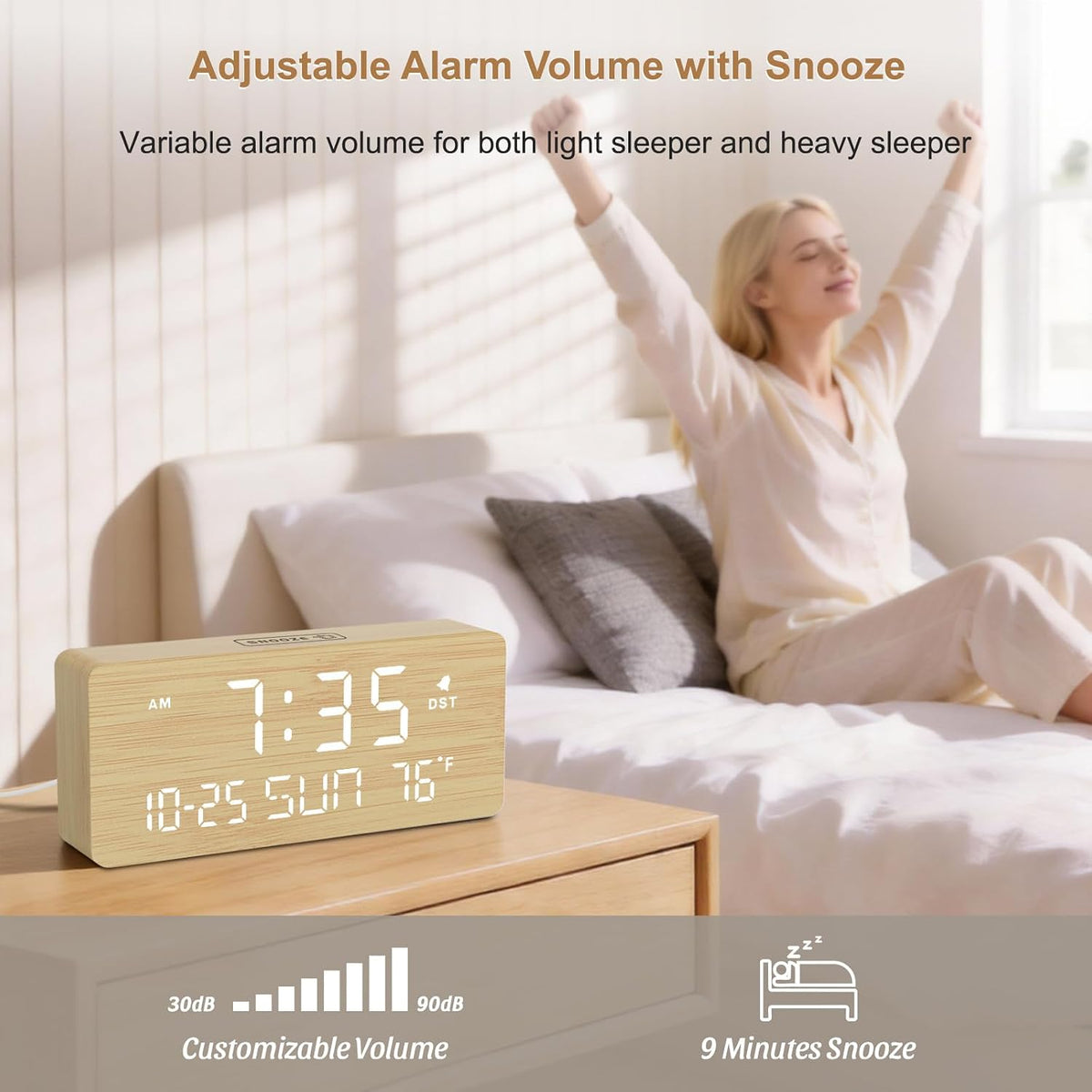 DreamSky Wooden Digital Alarm Clocks for Bedrooms with Date & Day of Week | Living Room Desk Clock, Temperature, USB