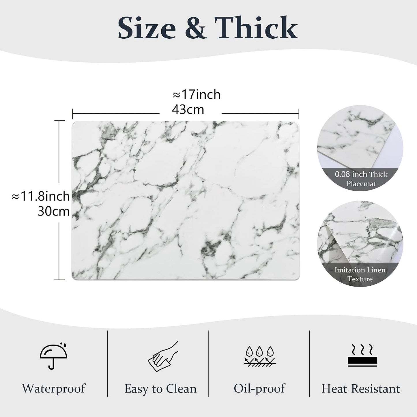 FROMHEART Faux Leather PU Placemats Set of 8 (Marble,11.8" x 17") | Waterproof,Heat/Oil Stain-Resistant Table