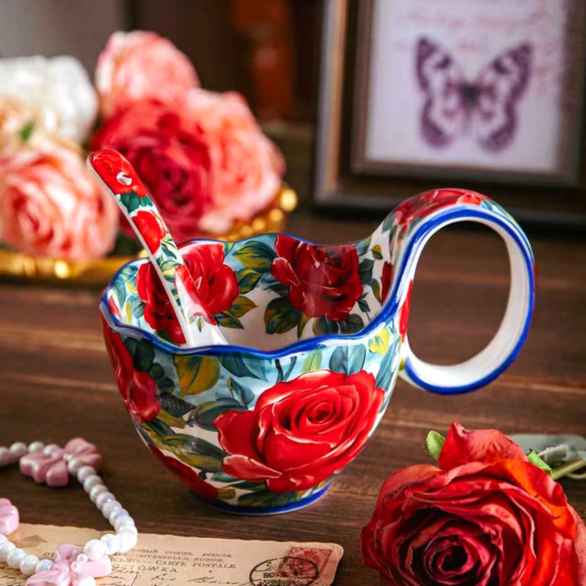 Ceramic Soup Bowl / Rose Flowers - Hand Painted Loop Handle Soup Bowl with Spoon