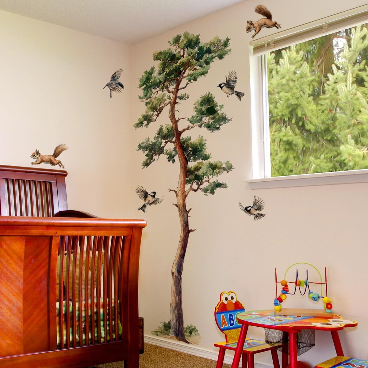 Wall Decals Large Tree Birds Wall Stickers Peel and Stick Wall Art Decals / Pine Tree / Green