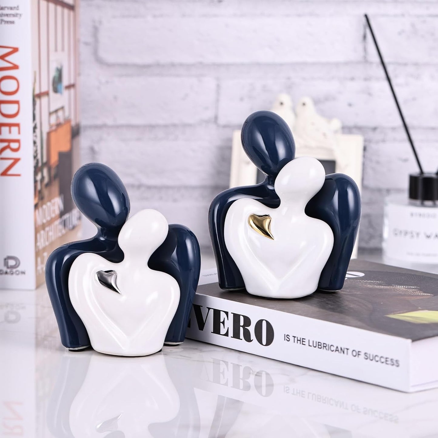 Mini Couple Ceramic Small Statue / Blue White and Gold