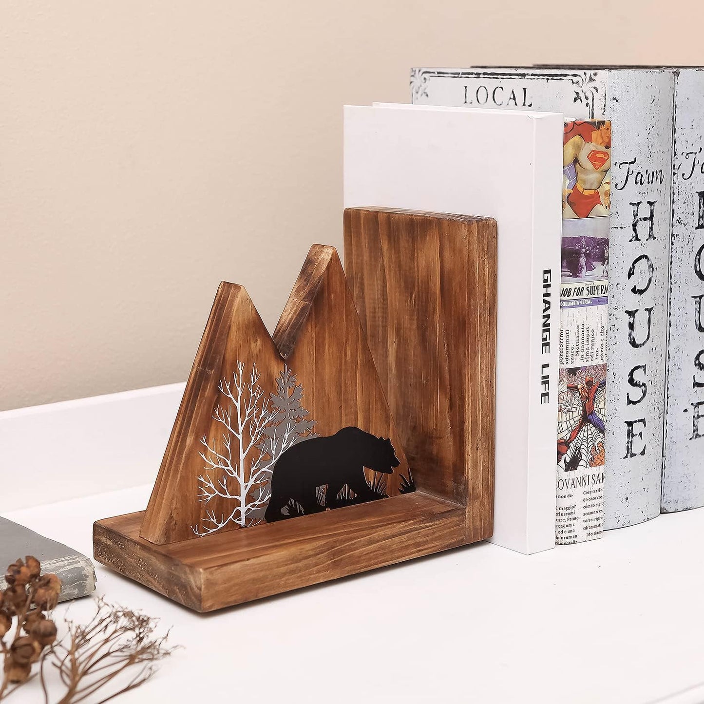 Heavy Duty Non Slip Rustic Woodland Mountain Wood Bookend Book Ends Book Stoppers for Cabin / Bear