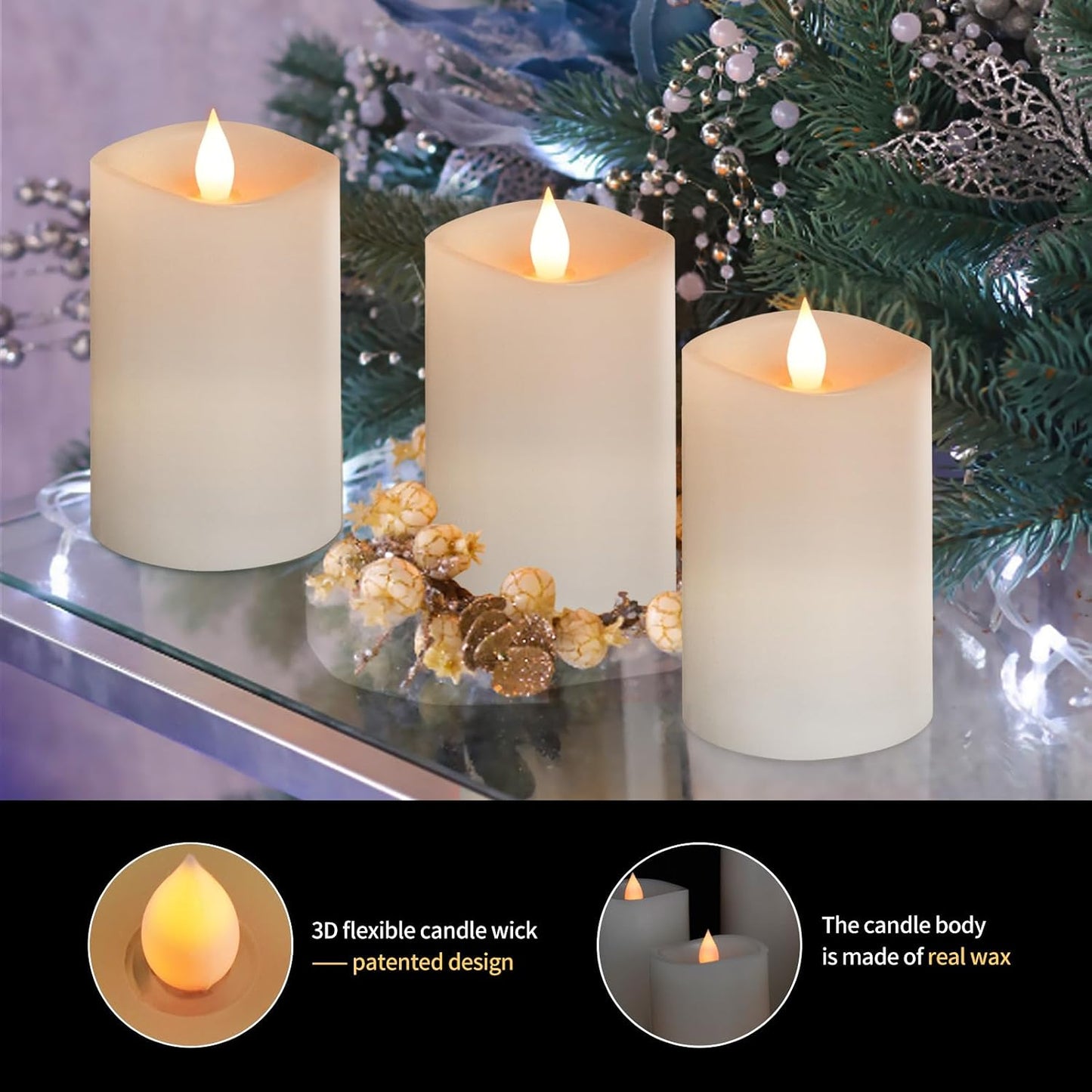 3" x 5" White Flameless Candles Set of 3, 2AA Battery Life 600 Hours Battery Candles Flickering with Timer, 5 inch