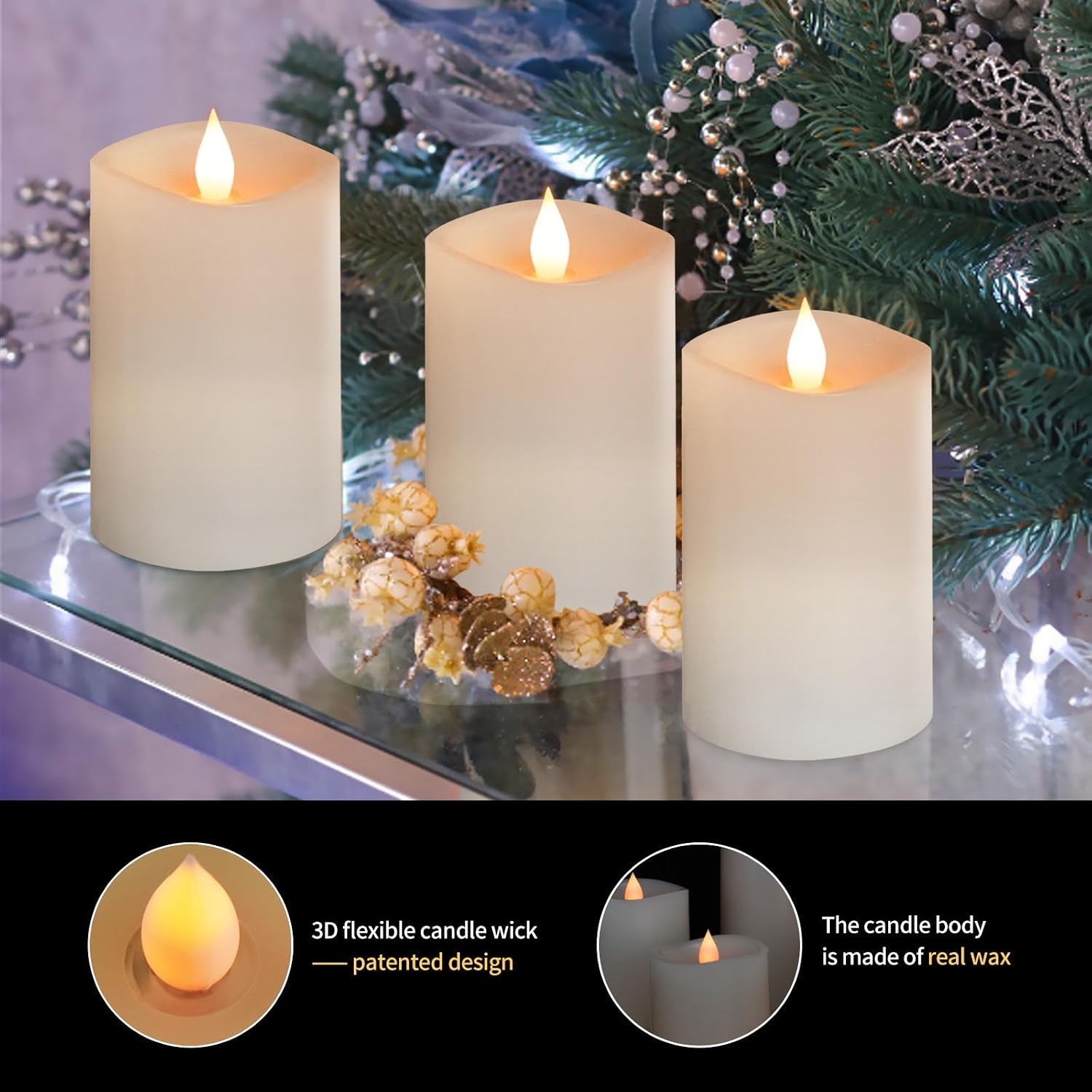 3" x 5" White Flameless Candles Set of 3, 2AA Battery Life 600 Hours Battery Candles Flickering with Timer, 5 inch