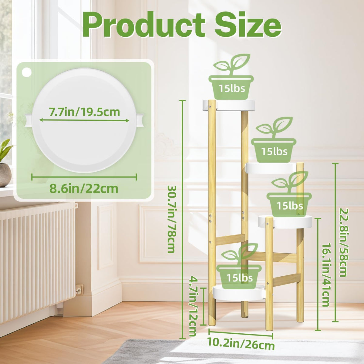 iDavosic.ly 4 Tier Bamboo Plant Stand Indoor Outdoor, Plastic Tray, White | Tiered Corner Flower Holder Shelf, Space